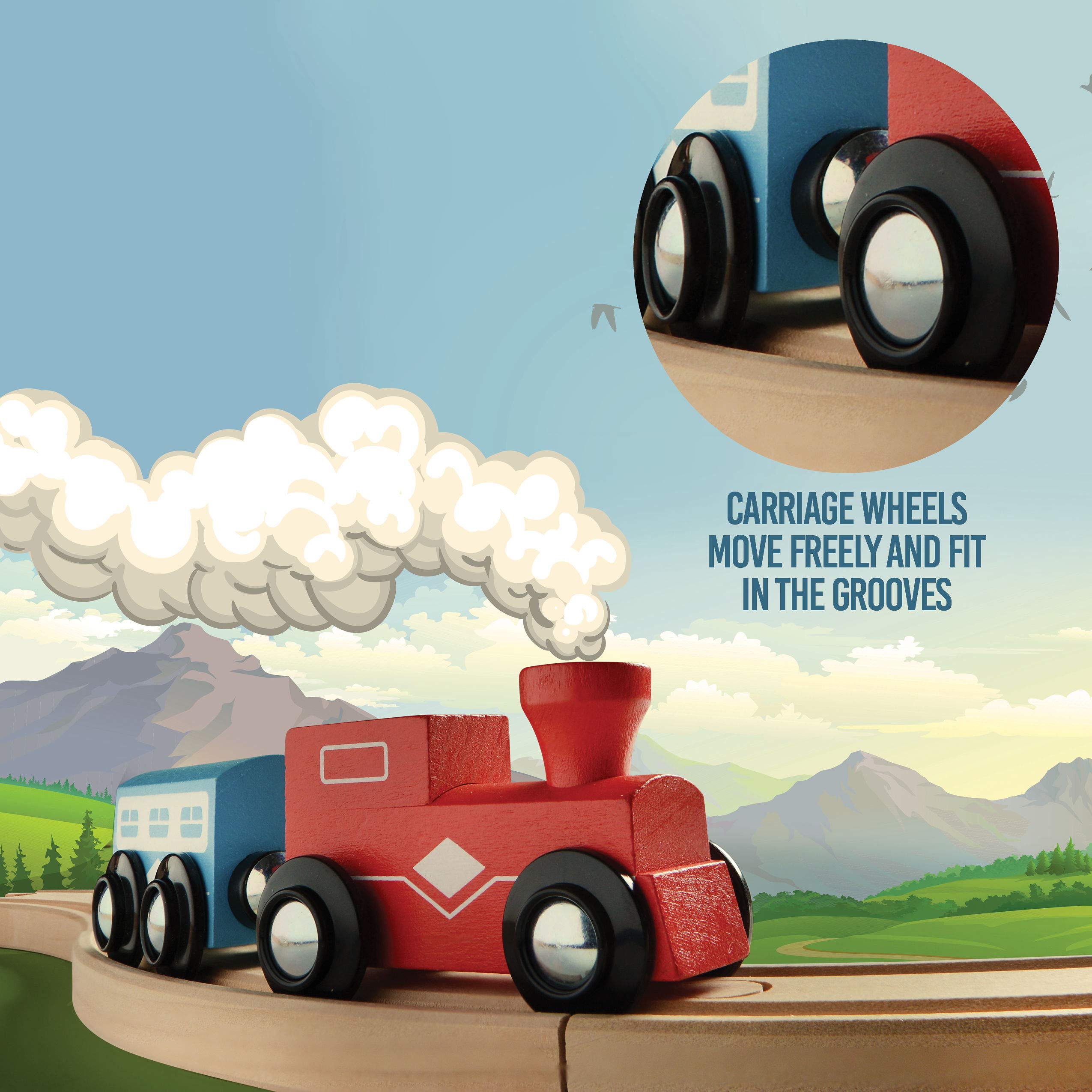 Play22 Wooden Train Tracks 52 PCS Wooden Train Set + 2 Bonus Toy