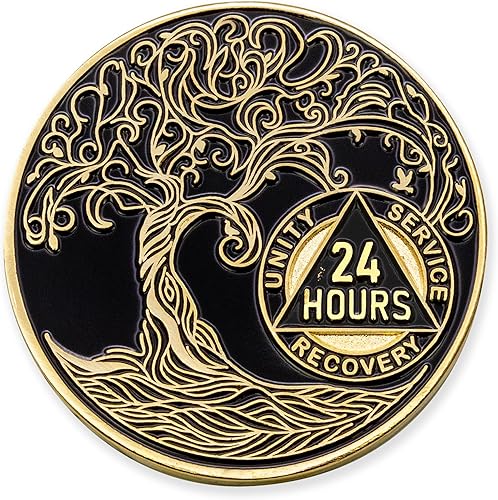 24 Hours Sobriety Mint Twisted Tree of Life - Medallón de recuperación AA chapado en oro, chip ficha - negro (un día a la vez)