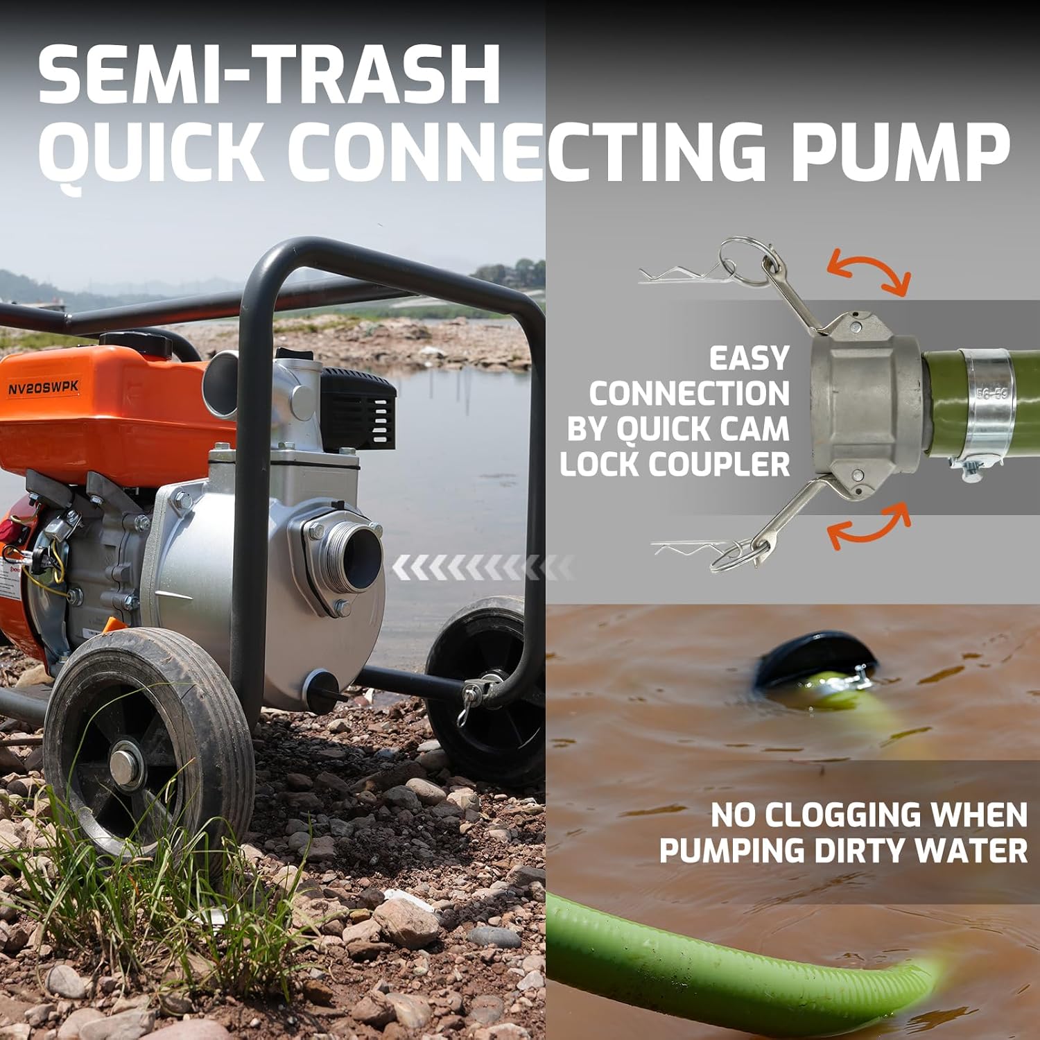 NOVUS 2-Inch Semi Trash Pump with Foldable Handle and Wheels, 212cc 4 Cycle Engine, 50ft Discharge Hose, 12ft Suction Hose with Quick Cam Lock Coupler,Gas Powered Irrigation Water Pump, EPA Certified