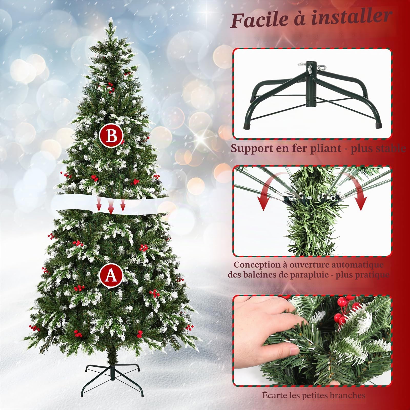Uten Sapin de Noël Artificiel 150 cm, PE Arbre Noël Flocon Neige Luxe Décoration Intérieur, 500 Aspect Naturel Branches en PVC & PE, 23 Groupes Baies Rouges, Branches de Charnière, Réutilisable