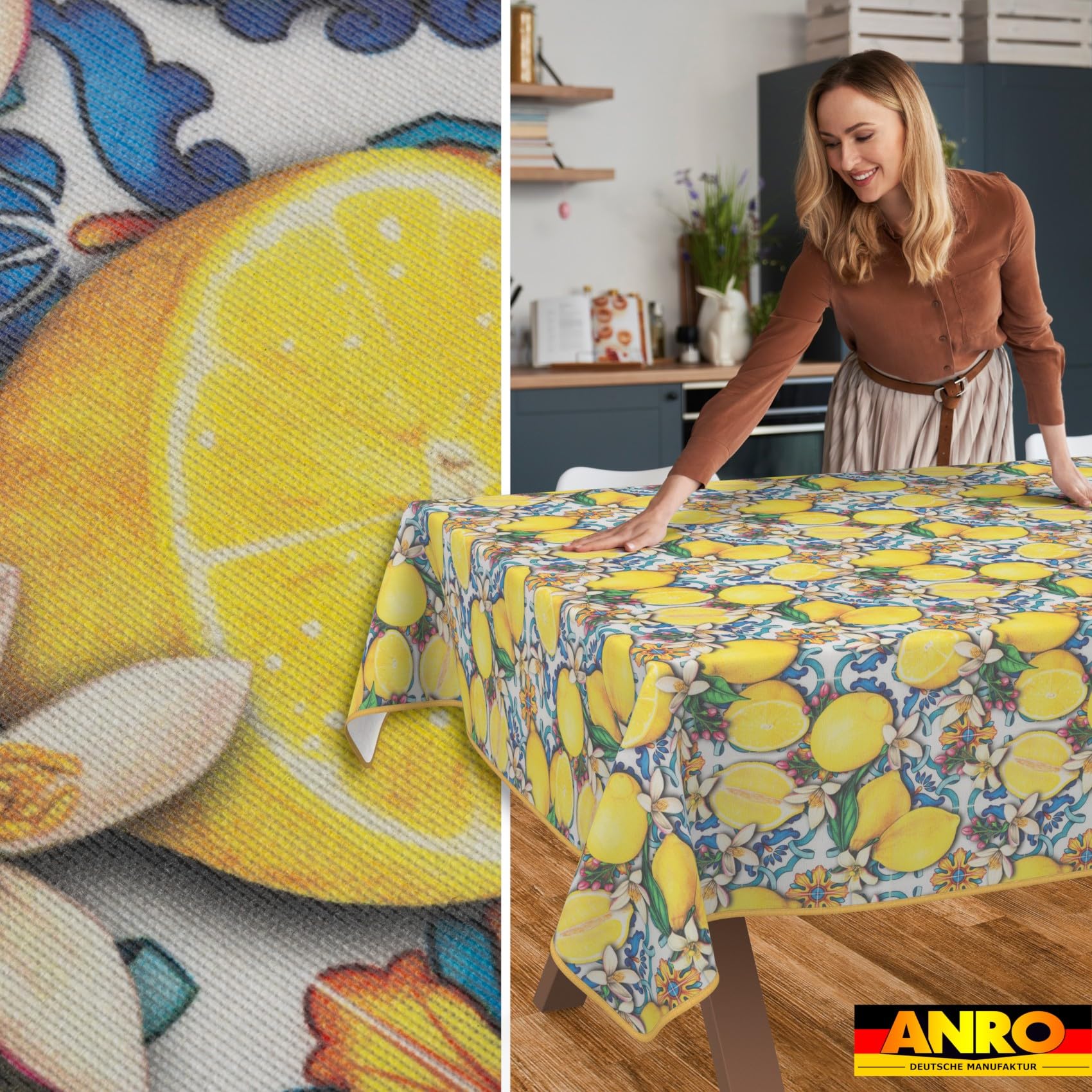 ANRO Mantel de Mesa Cocina Jardín 70% Algodón 30% Poliéster Diseño Limones Mediterráneo Antimanchas Bordes Cortados 260x140 cm