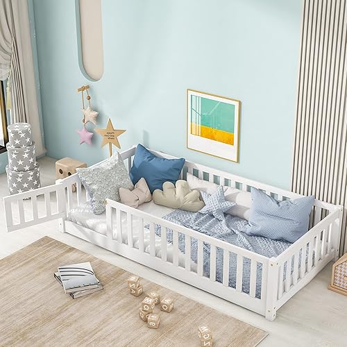 Miniatura 3 de Cama de plataforma de suelo de tamaño individual con valla, cama de madera para niños, cama de cerca para niños con puerta, no necesita somier