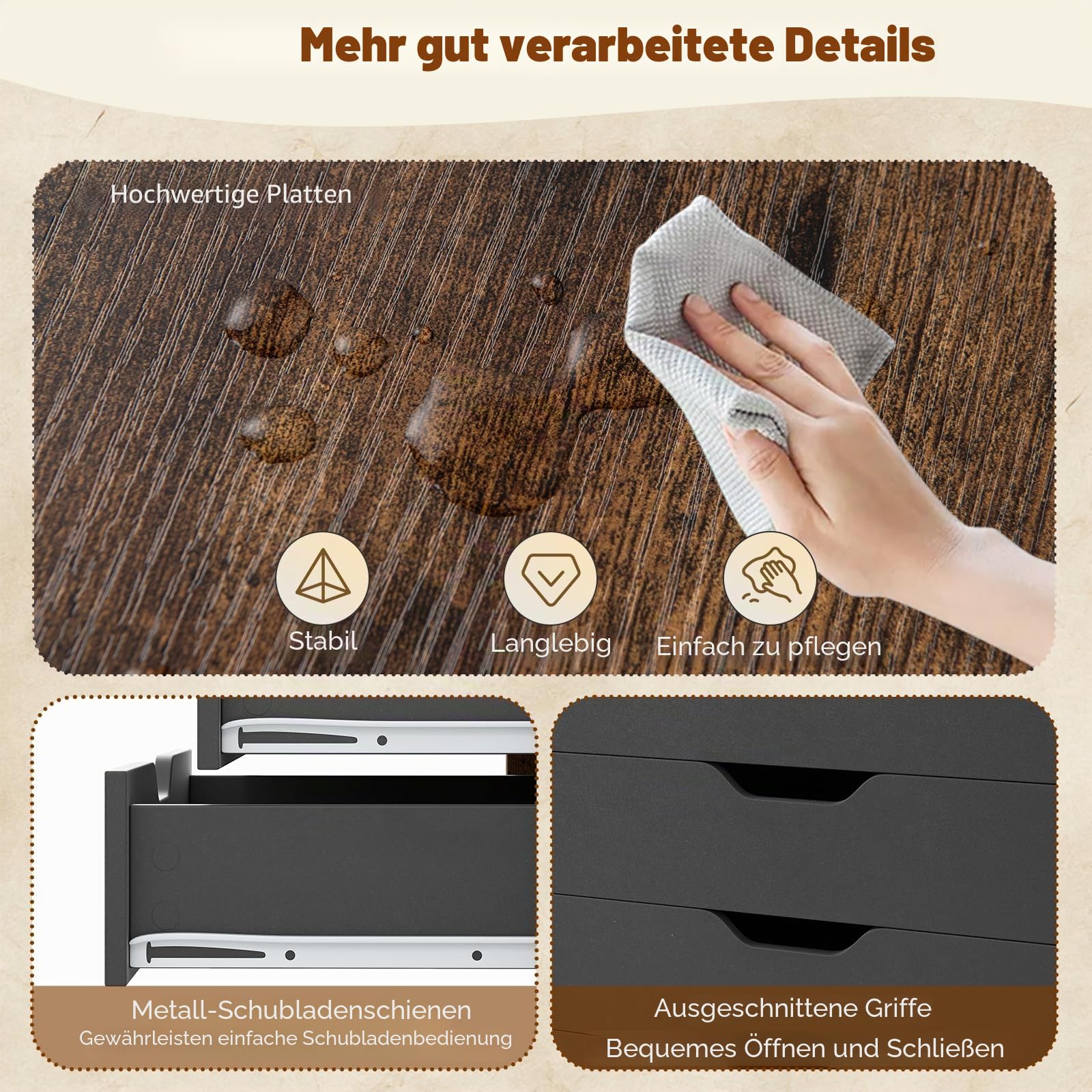GIANTEX Aktenschrank auf Rollen, Rollcontainer mit Schubladen, mobiler Druckerständer für Home-Office & Büro, für Ordner, Dokumente, Papiere (Schwarz + Braun, 49 x 40 x 65 cm)
