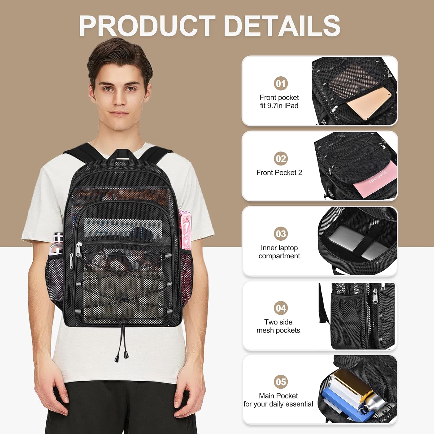 Heavy Duty Mesh Backpacks for Adults, Mesh School Bags for Boys and Girls, See Through School Bags with Adjustable Straps for Swimming, Fitness, Sports, Carry Portable Oxygen Concentrators - Image 3