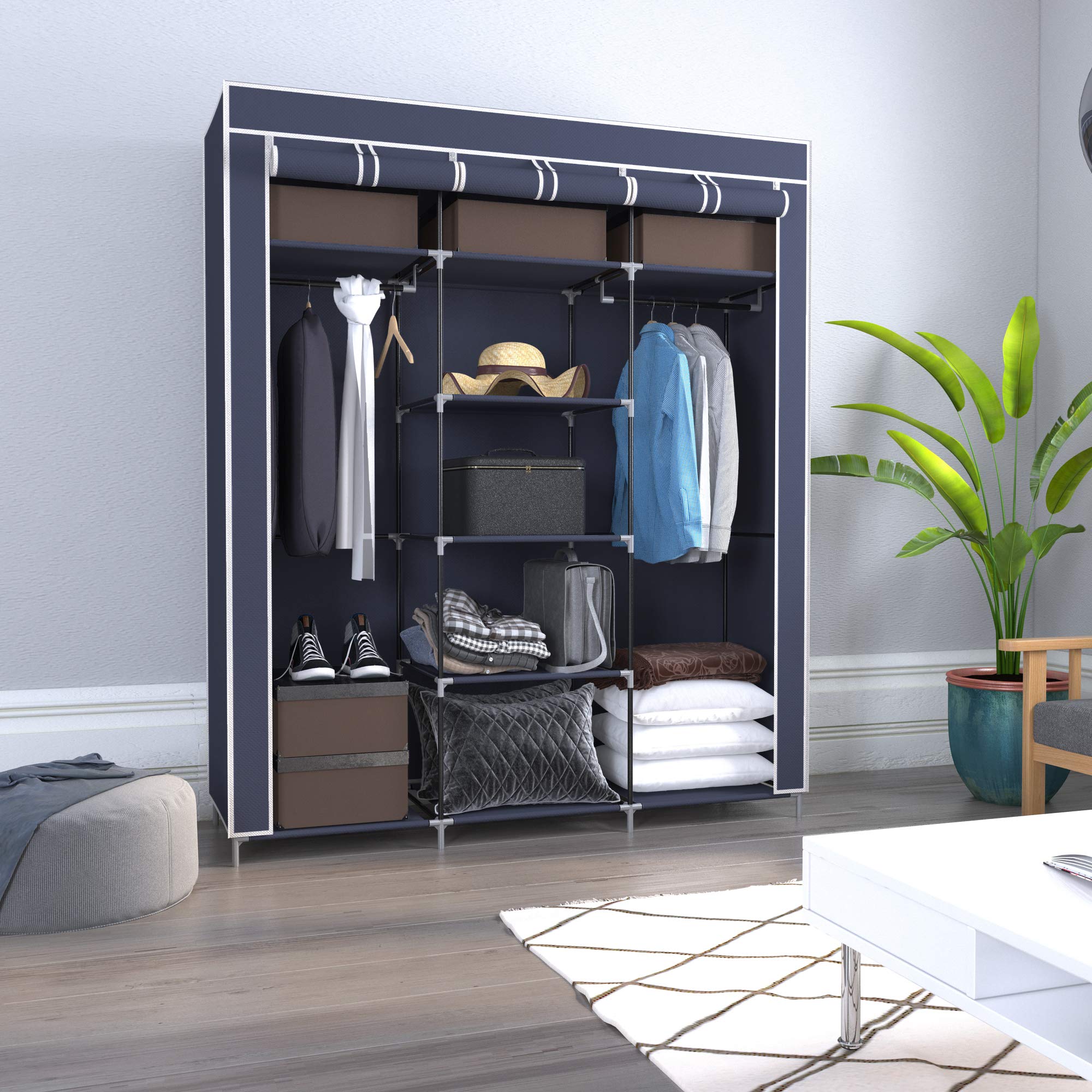 Mondeer Stoffschrank für Schlafzimmer, Kleiderschrank, zusammenklappbar, mit sechs Reißverschlüssen und DREI Türen, schneller Zugriff, 175 x 150 x 45 cm, großes Stauraum, Grau