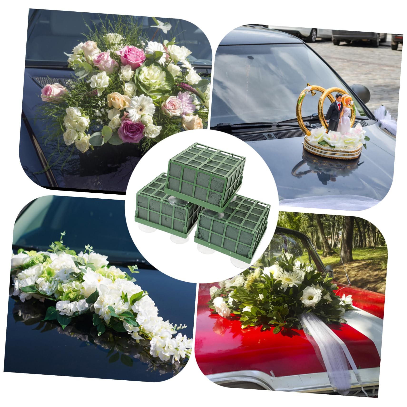 DOITOOL Décoration de Voiture de Mariage en Mousse Fleur, Base de Ventouse de Fleur en Plastique Vert, Lot de 3 pour Fête de Mariage