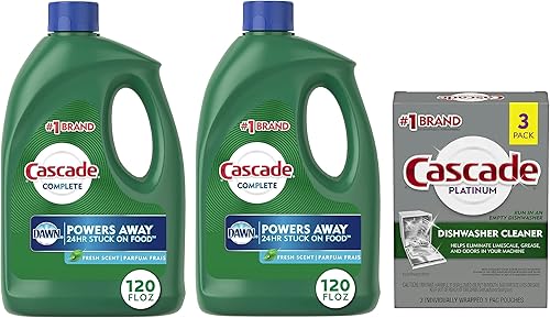 CASCADE Detergente completo para lavavajillas en gel, aroma fresco, 120 onzas (paquete de 2) con limpiador de lavavajillas Cascade Platinum, paquete