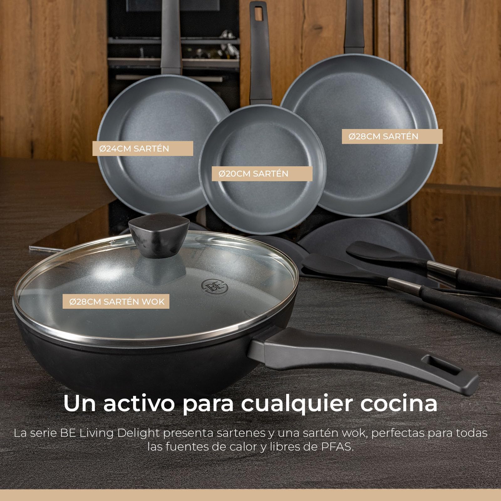 BE Living Delight Juego de sartenes 2 piezas – Sartenes de 24 y 28 cm – Revestimiento antiadherente cerámico – Apto para inducción – Sin PTFE ni PFOA – Negro
