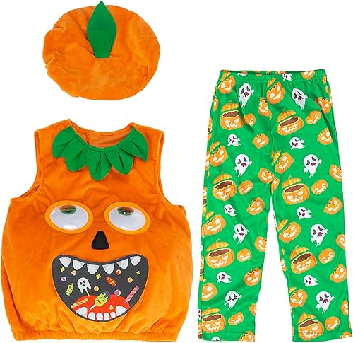 Miniatura 1 de AlecosFun Disfraz de calabaza para niños pequeños, chaleco fantasma con sombrero de bolsillo, pantalones, conjunto de 3 piezas para niños y niñas,