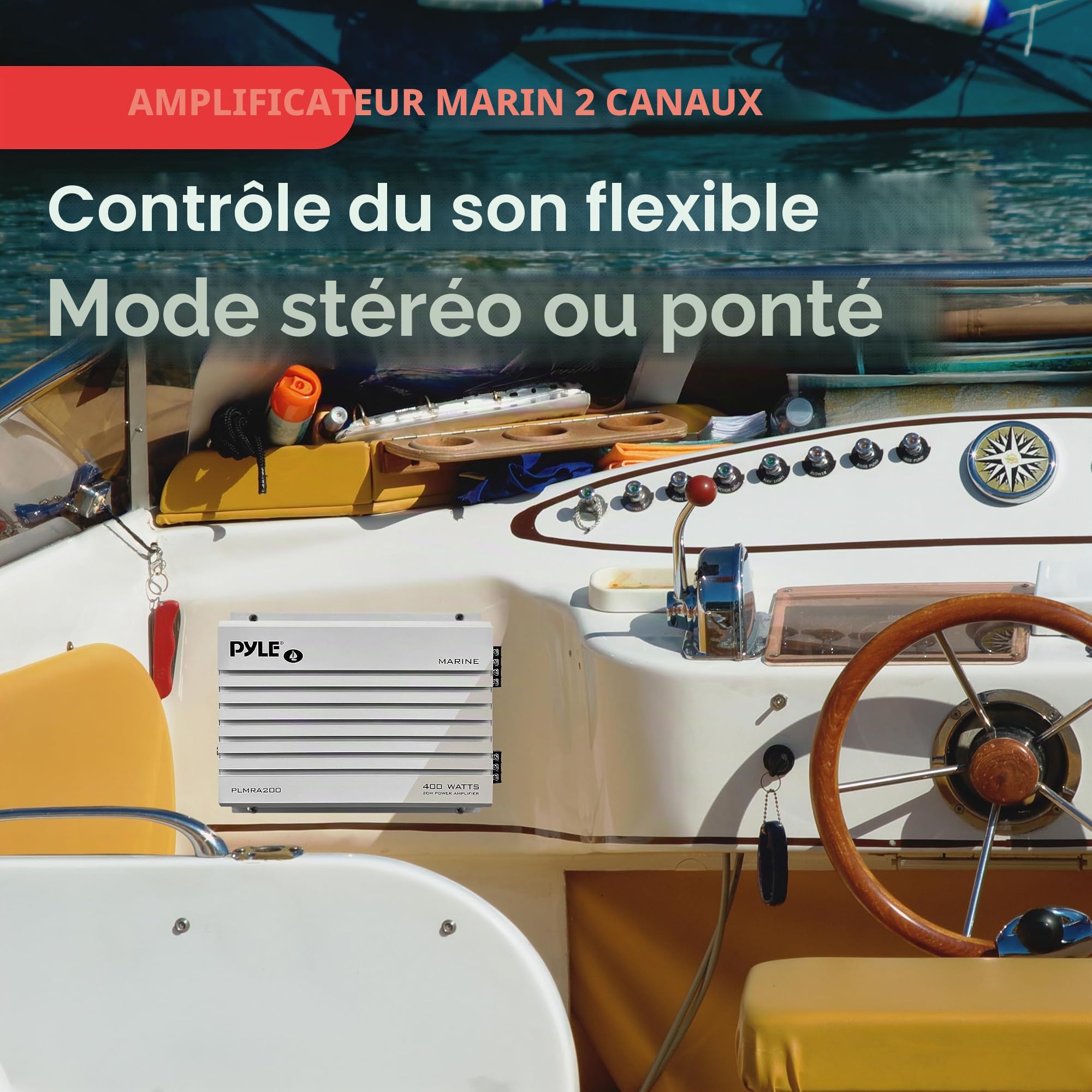 Amplificateur Pyle étanche avec 2 canaux et une puissance de 400 Watts. Idéal pour bateau, scooter de mer etc.