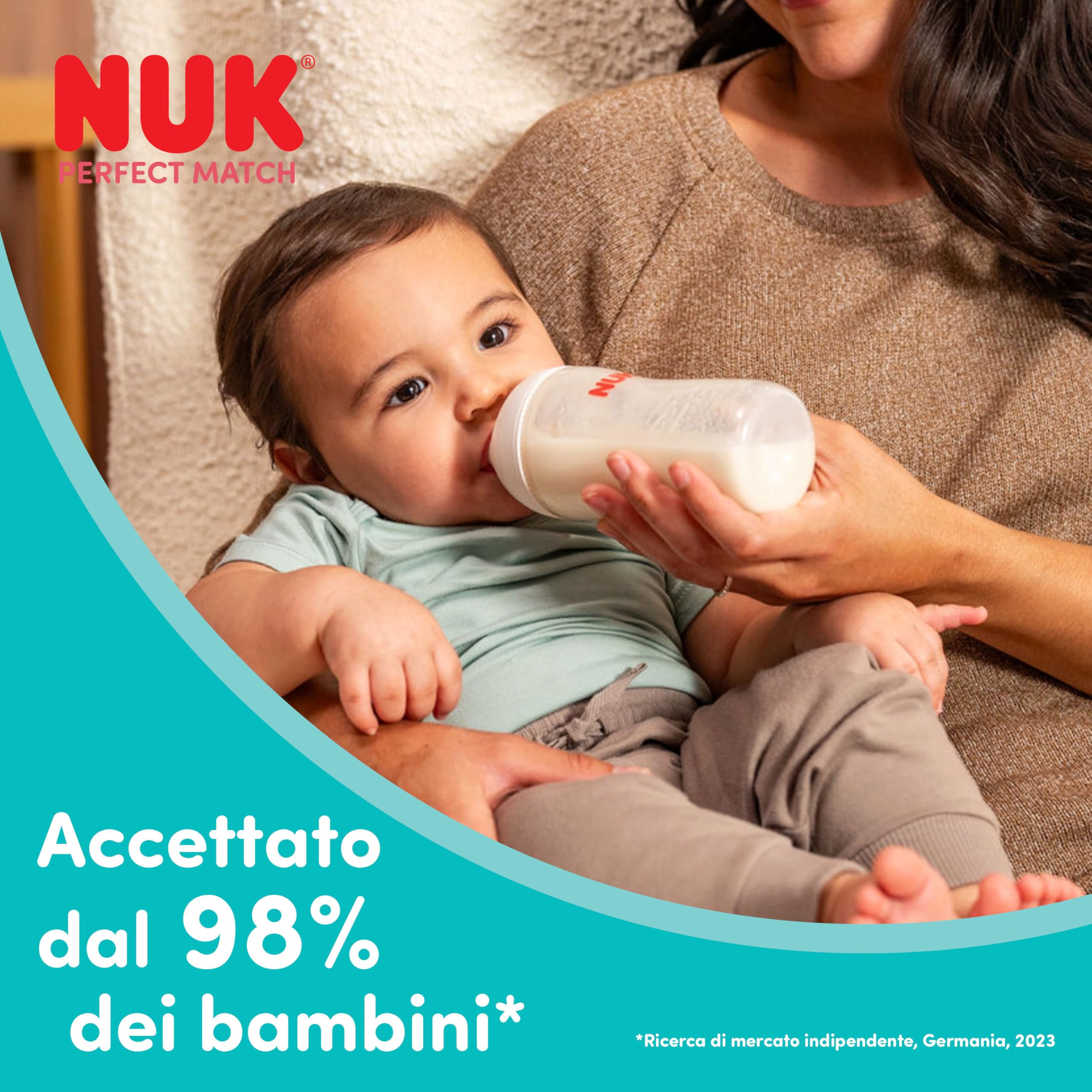 NUK Set biberon vetro Perfect Match | 3+ mesi | Si adatta al palato del bambino | Controllo temperatura | Sfiato anti-colica | 120 ml e 230 ml | Senza BPA | Tettarelle in silicone | Arcobaleno | 4 pz