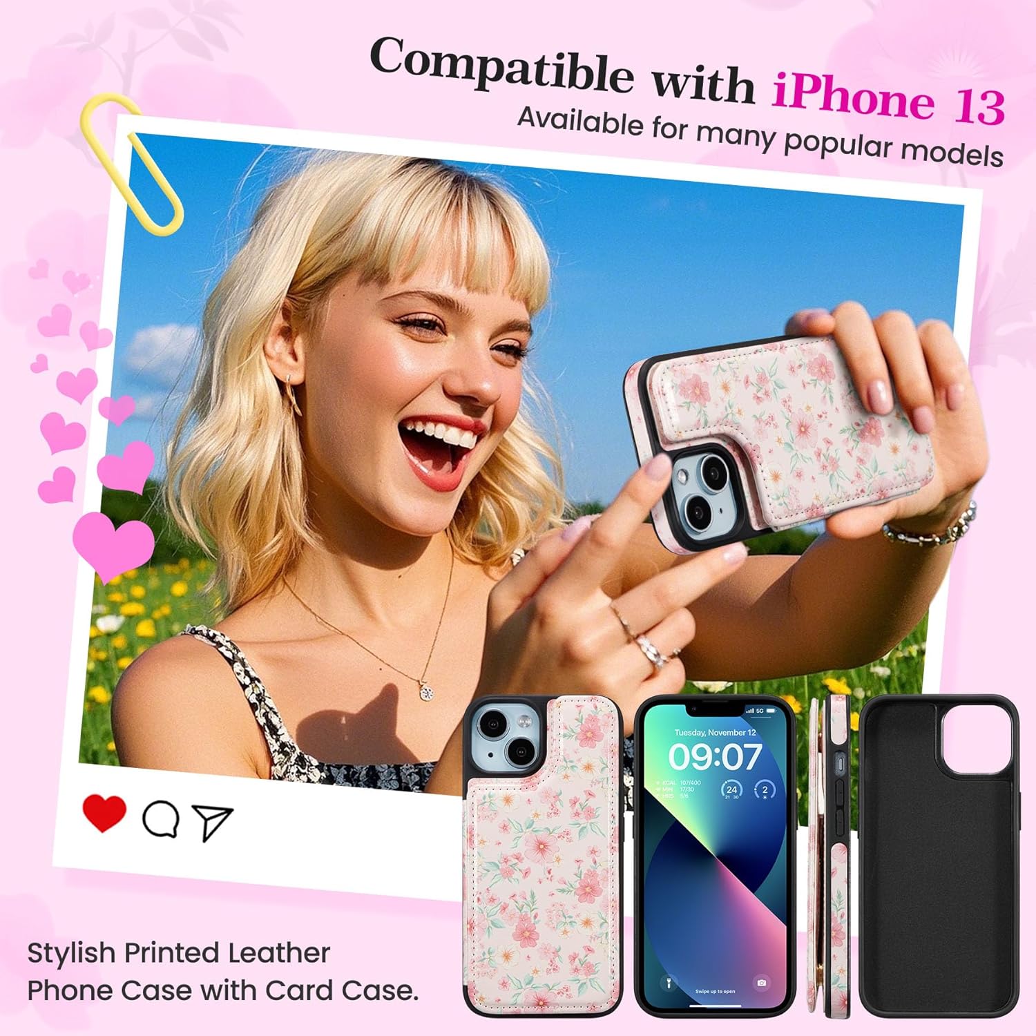 ZCDAYE for iPhone 13/iPhone 14 Wallet Case with Card Holders,PU Leather Double Magnetic Clasp Kickstand Trendy Girly Women Case for iPhone 13/iPhone 14,Pink Flowers - Image 2
