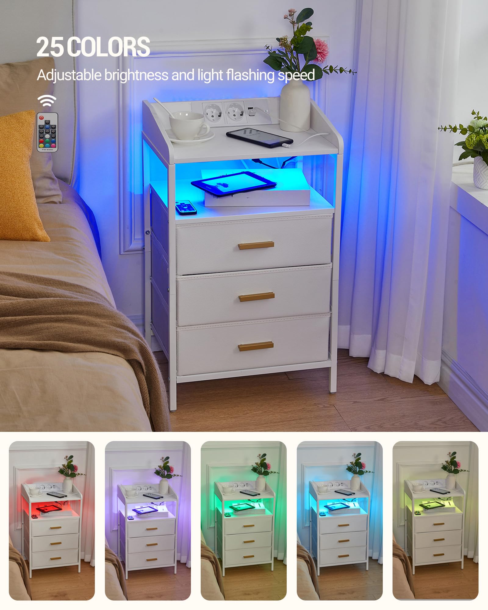 Hzuaneri Mesillas de Noche Juego de 2, con Luces LED y Estación de Carga, Mesa Auxiliar con 3 Cajones de Almacenamiento de Tela, Puertos USB y Enchufe Tipo C, para Dormitorio, Blanco NS35513W