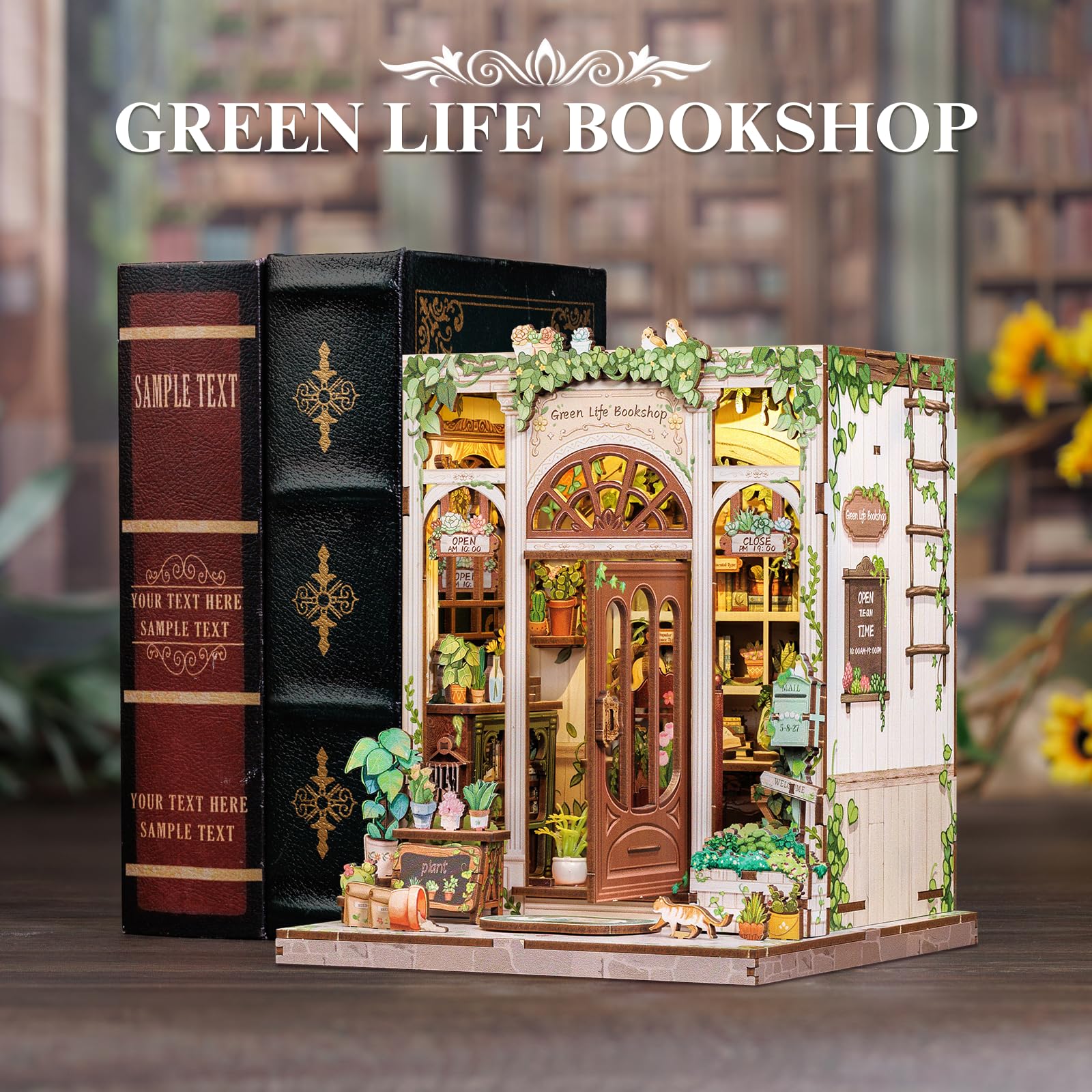 Fsolis Book Nook, 3D Wooden Puzzles Book Nook Kit, Diy Miniature House Kits for Adults Bookshelf Decor Gifts (Green Life Bookshop) - Image 2