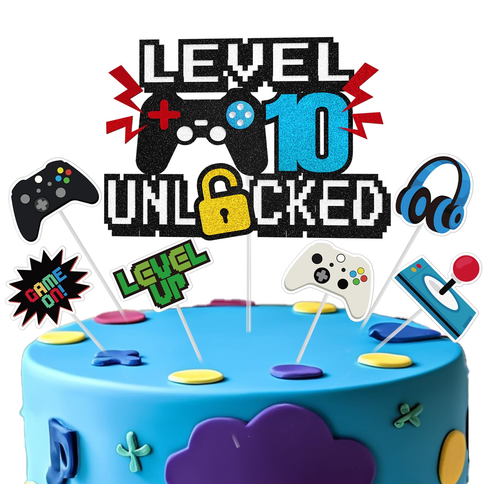Video Game Cake Topper, Level 10 Unlocked Cake Topper, Happy 10th Birthday Game Party Decorations for Boys Girls, Video Game Controller Themed