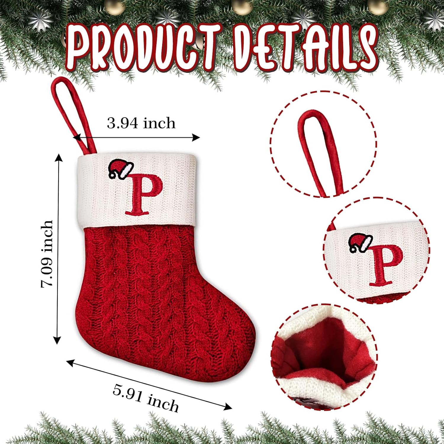 YKW Christmas Stockings Personalized Initial Letters A-Z Cable Knit - Individual Monogram Knitted Xmas Stocking Embroidered Red White Family Holiday Fireplace Mantel Gift (P)