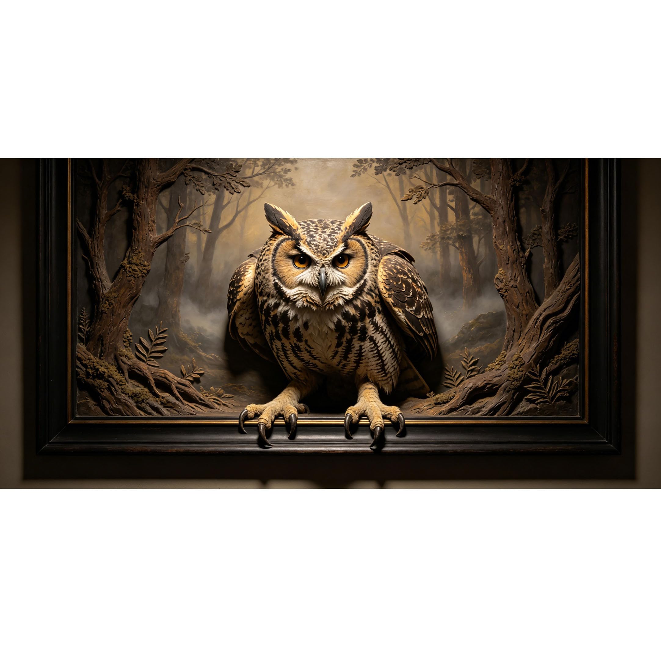 Agglomerix 3D Framed Wall Art Owl Forest Wildlife 3D Trompe l'oeil Rustic Woodland Trees Fog Feathers Large Size Self-Adhesive Removable Wall Decor Prints Artwork for Living Room Bedroom Office
