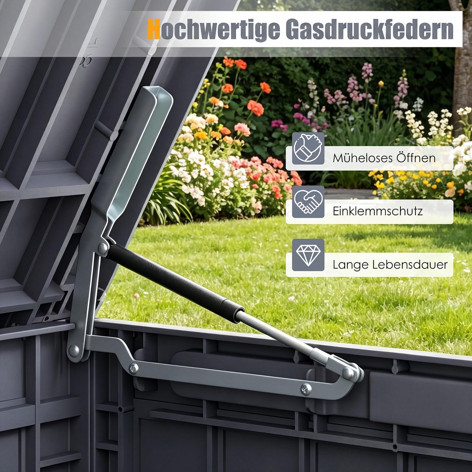COSTWAY Gartenbox Outdoor mit abschließbarem Deckel (Grau,455 L) | Aufbewahrungsbox mit Gasdruckfedern & Griffen, wetterfeste Auflagenbox Kissenbox für Garten, Terrasse & Balkon