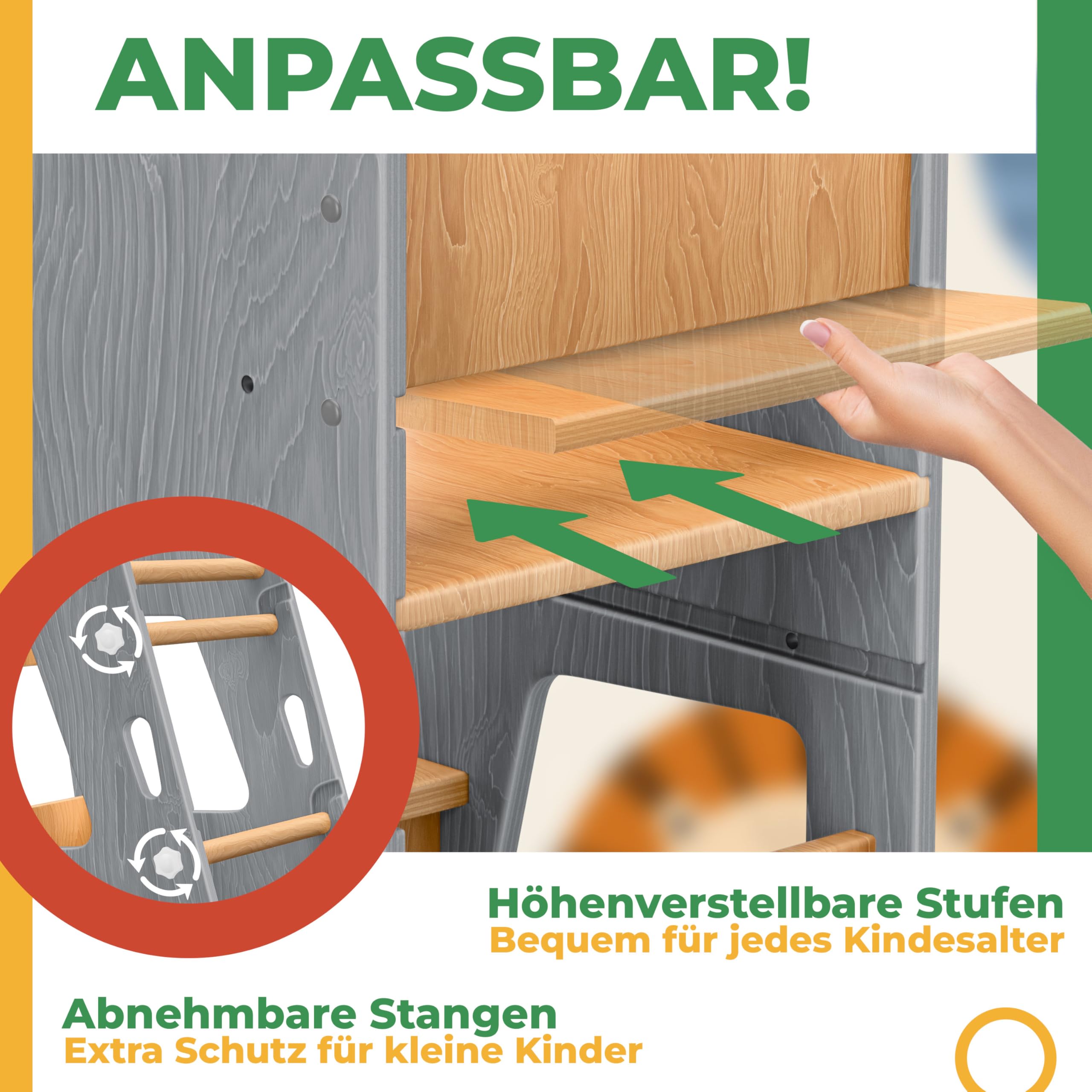 KIDIZ® Tour d'apprentissage pour enfants à partir de 1 an avec horloge d'apprentissage | Marchepied réglable en hauteur sur 3 niveaux en bois de pin | Favorise la motricité ludique et la tour