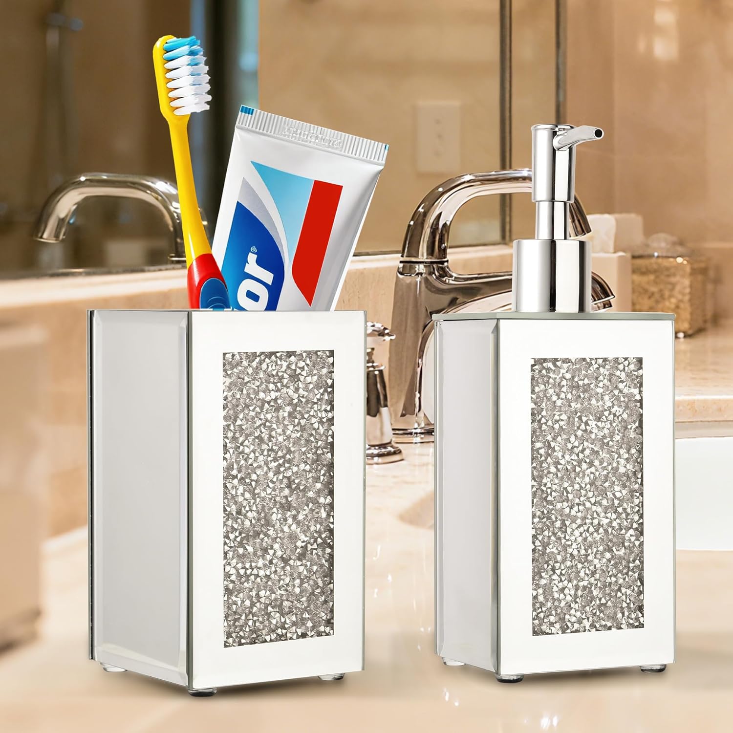 Luxury 2-Piece Bathroom Set, 150ml Diamond-Embedded Glass Soap Dispenser and Toothbrush Holder, Elegant Vanity Organizer for Modern Bathrooms