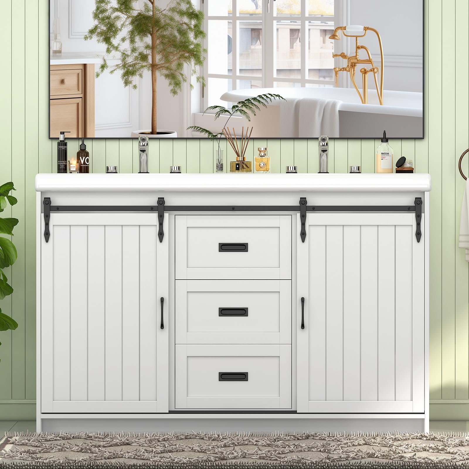 Koestem Bathroom Vanity with Double Sinks, 48" Standing Double Vanity with Drawers & Metal Handles, 2 Sink Bathroom Vanity with 4 Shelves, White