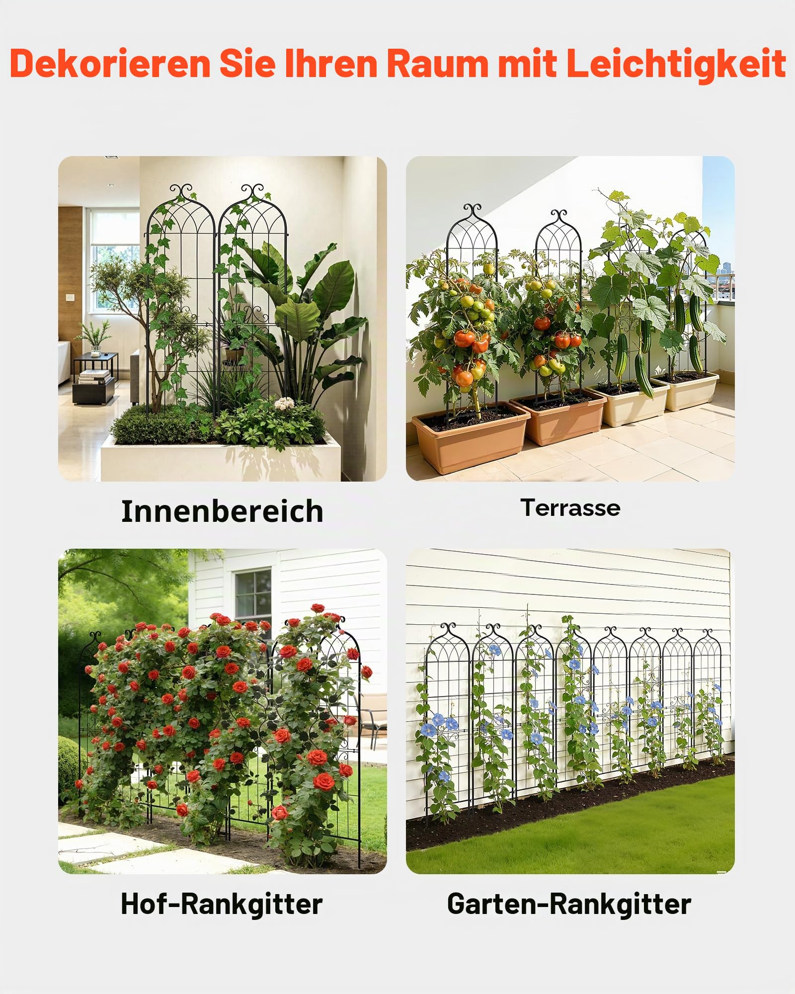 VEVOR Rankgitter, 152x40,5 cm 4er-Pack, Metall Rankhilfe mit Pulverbeschichteter Oberfläche & Verriegelungsmechanismus, Kletterhilfe, Garten Spalier, Pflanzengitter für Blumen, Gemüse & Rosen
