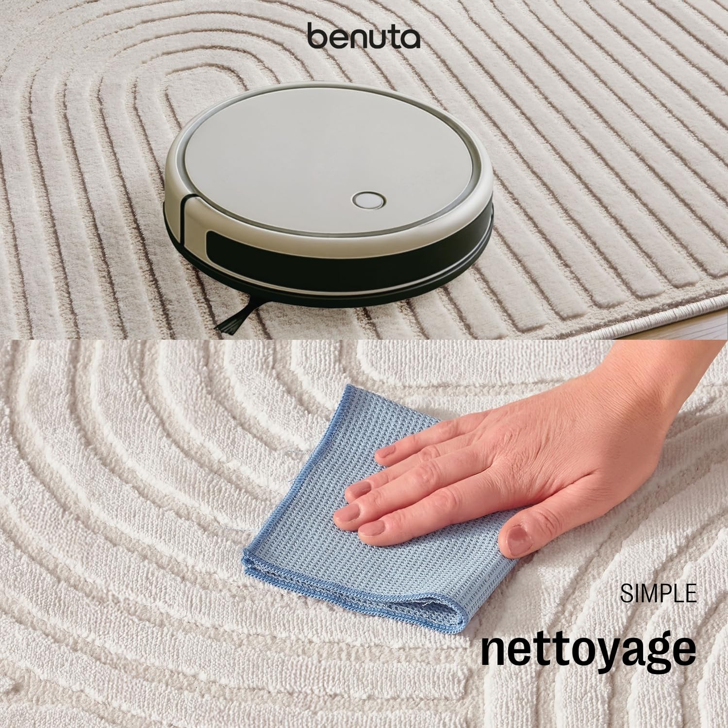 benuta Basic Tapis Salon Claire - Crème 160x230 cm - Minimaliste géométrique rétro - Facile Entretien - Compatible Chauffage - pour Chambre, Bureau, Couloir, Bebe