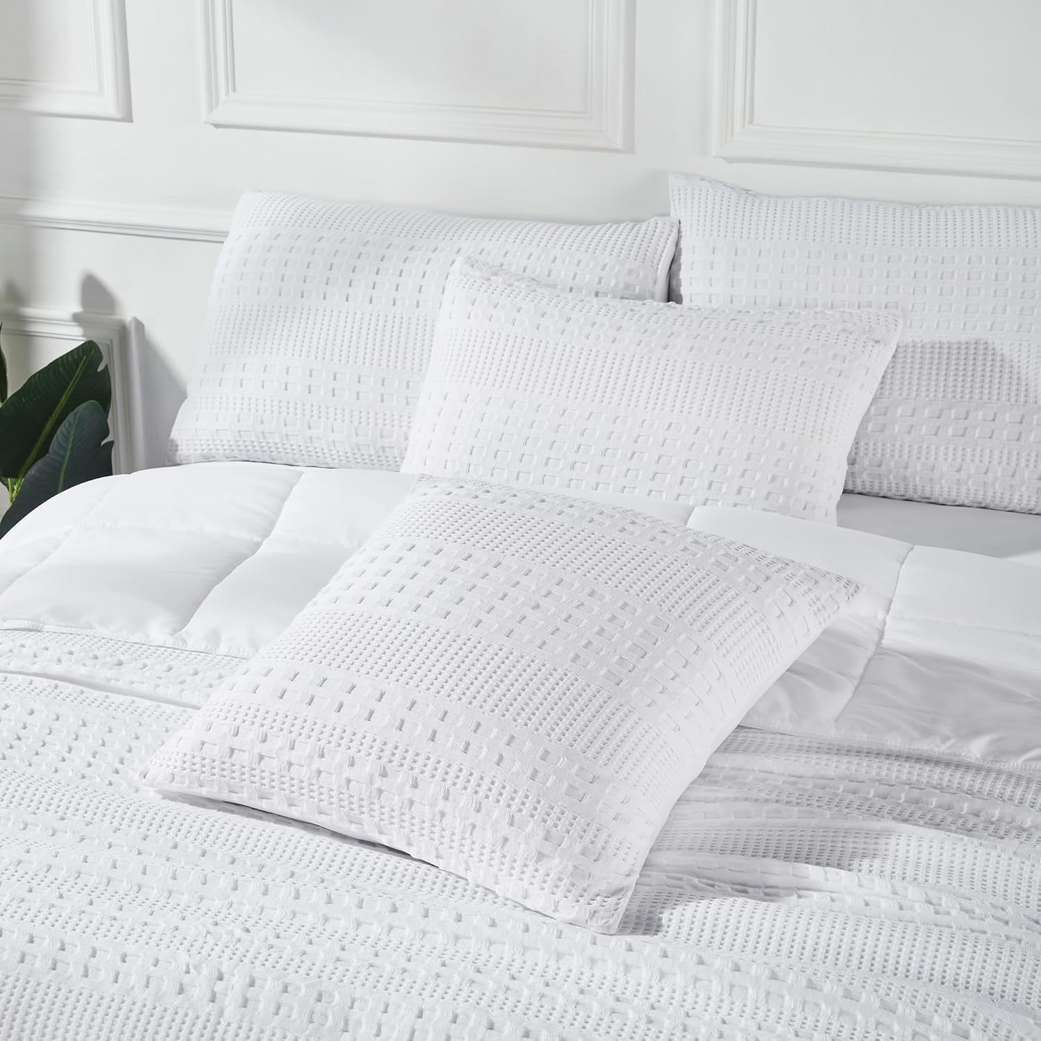VHC Brands Waffle Weave White Pillow Cover Set of 2 24x24, Decorative Throw Pillow Covers/Shams, Boho Farmhouse Bedroom, Living Room Decor