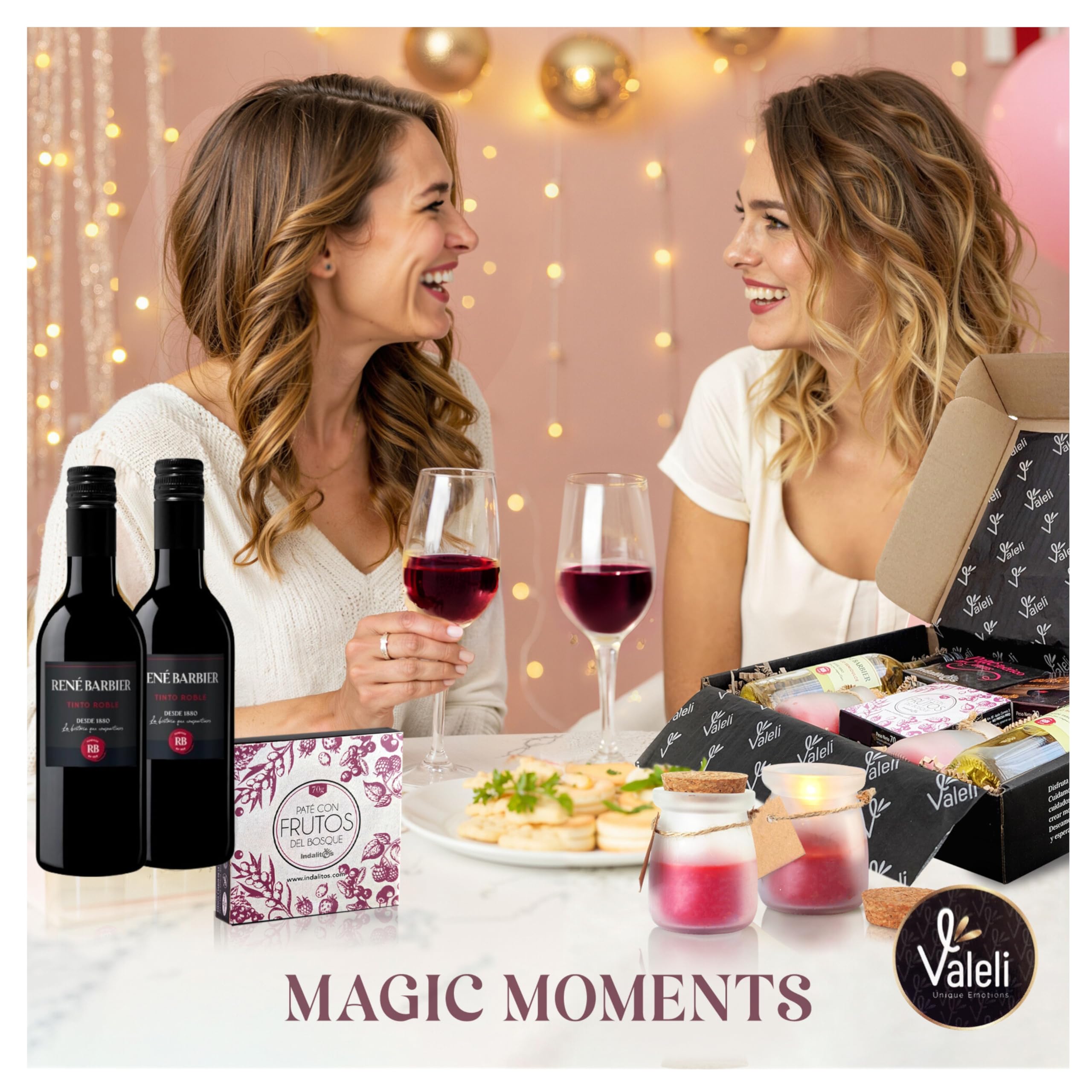 VALELI Cesta Gourmet para Regalar con Patés Ibéricos, 2 Botellas de Vino 25cl y 2 Velas Decorativas