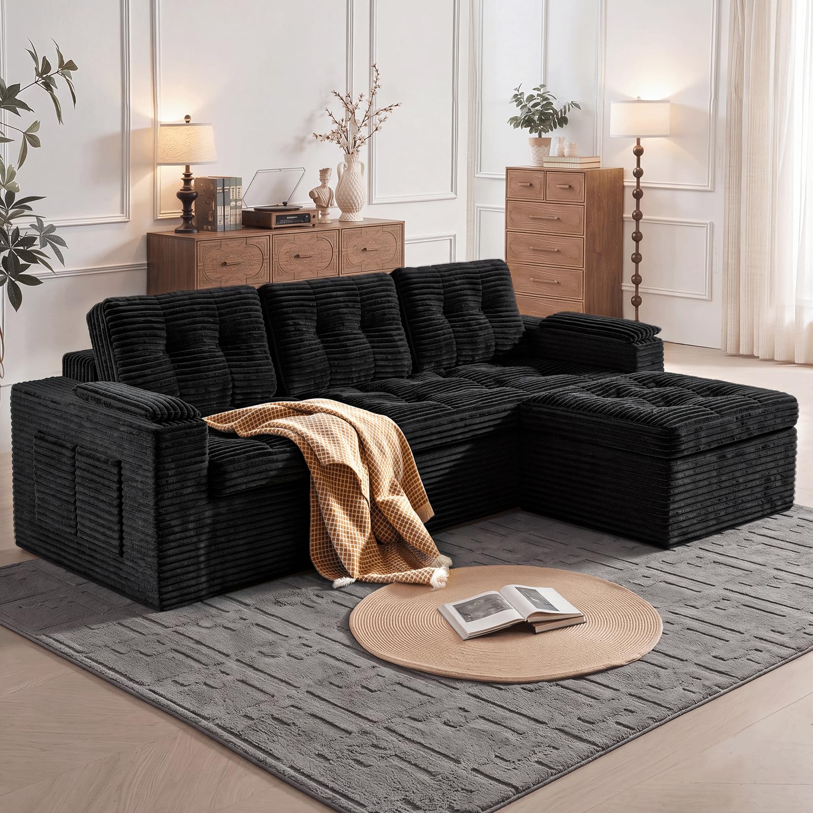 Fabulcozy 3-Sitzer Sofa 210 cm aus Cord mit Fußstütze, Seitentaschen, Armlehnenkissen und 3 Kissen inklusive, Bequeme Polsterung, für Wohnzimmer, Apartment,Schwarz