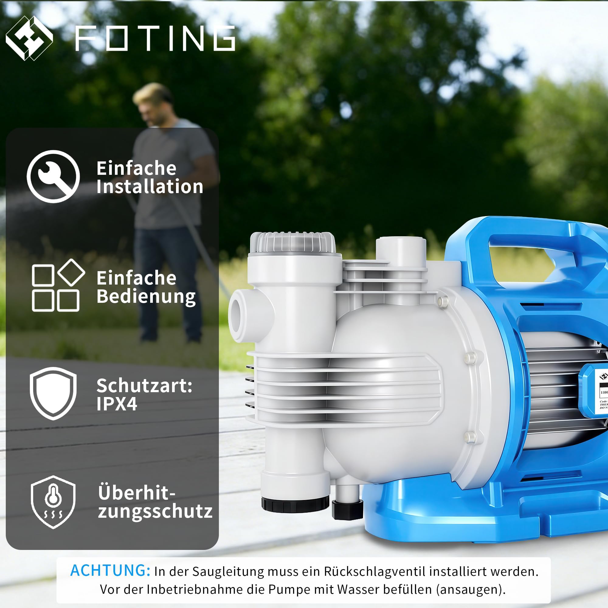 FOTING Gartenpumpe LED: 1100 W, 5.500 l/h, 50 m Förderhöhe, 4,8 bar – mit LED-Display, automatischem Druckschalter – Grob-Vorfilter, Überhitzungsschutz, max. 8 m Saughöhe – für Haus & Garten