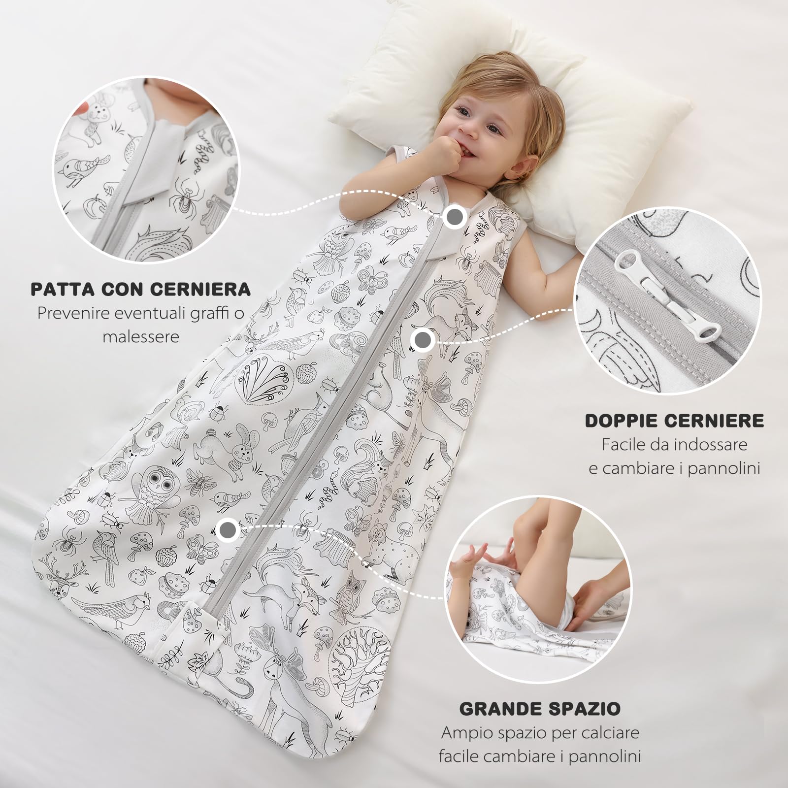 Mosebears Sacco nanna estivo per bambini, 0,5 Tog, 100% cotone, traspirante, (Confezione da 2 pezzi grigio, M (6-12 mesi)