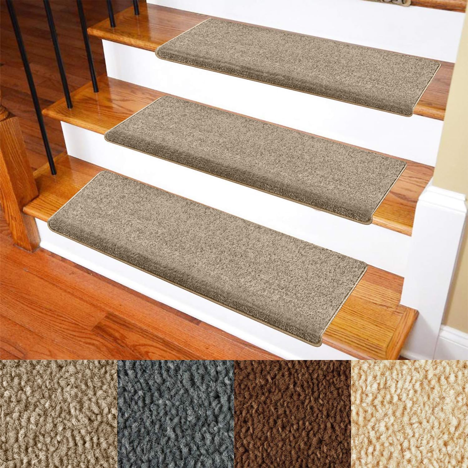 Carpet Stair Treads – Non-Slip Bullnose Carpet for Stairs – Indoor Stair Pads – Self-Adhesive – Skid Resistant & Washable – 14- Pack Cream 9.5" x 30"x 1.3"