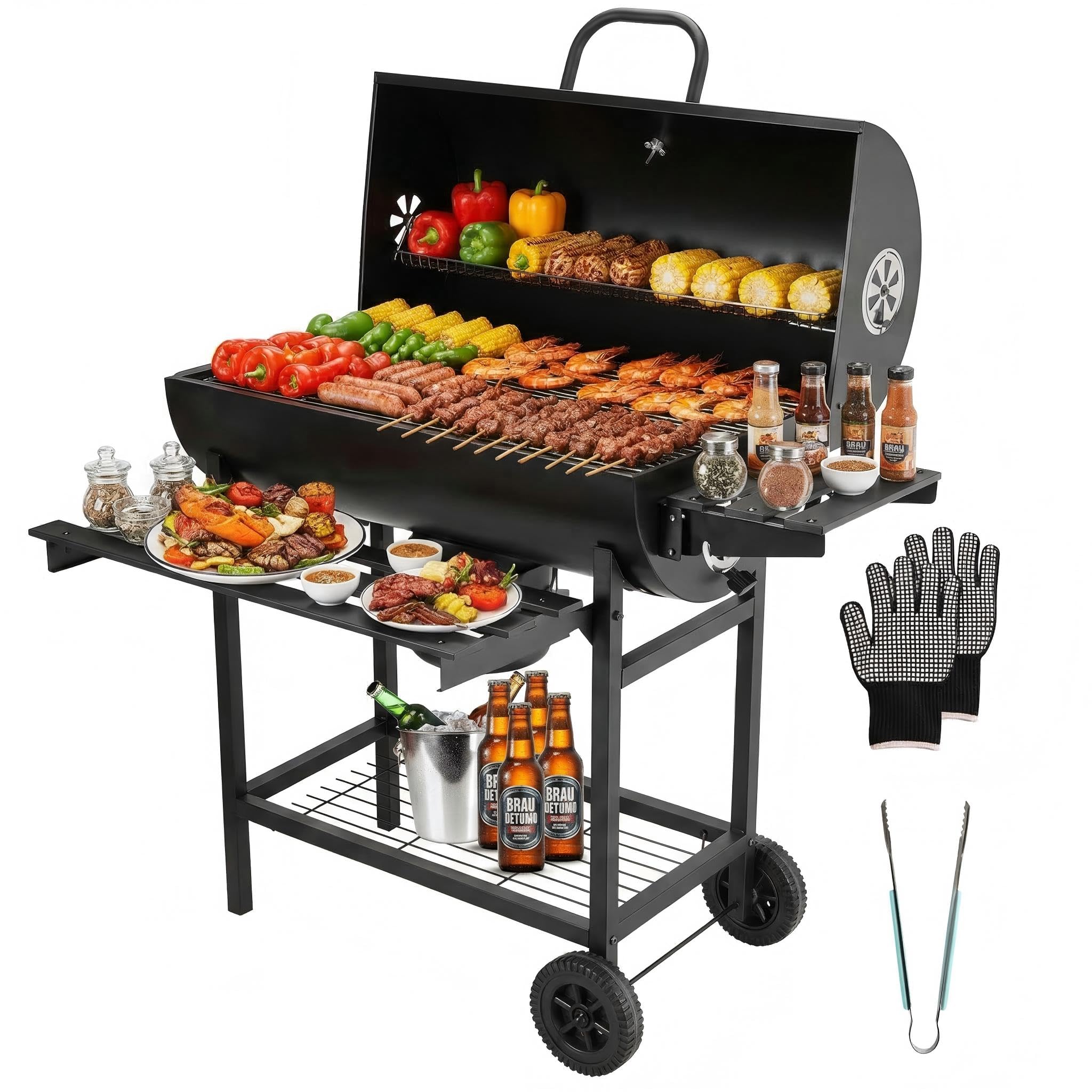 DEWINNER Barbecue a Carbonella con Griglia,girarrosto per pollo rimovibile,guanti antiscottatura e pinza in omaggio,ideale per giardino/terrazza/campeggio (Modello base)