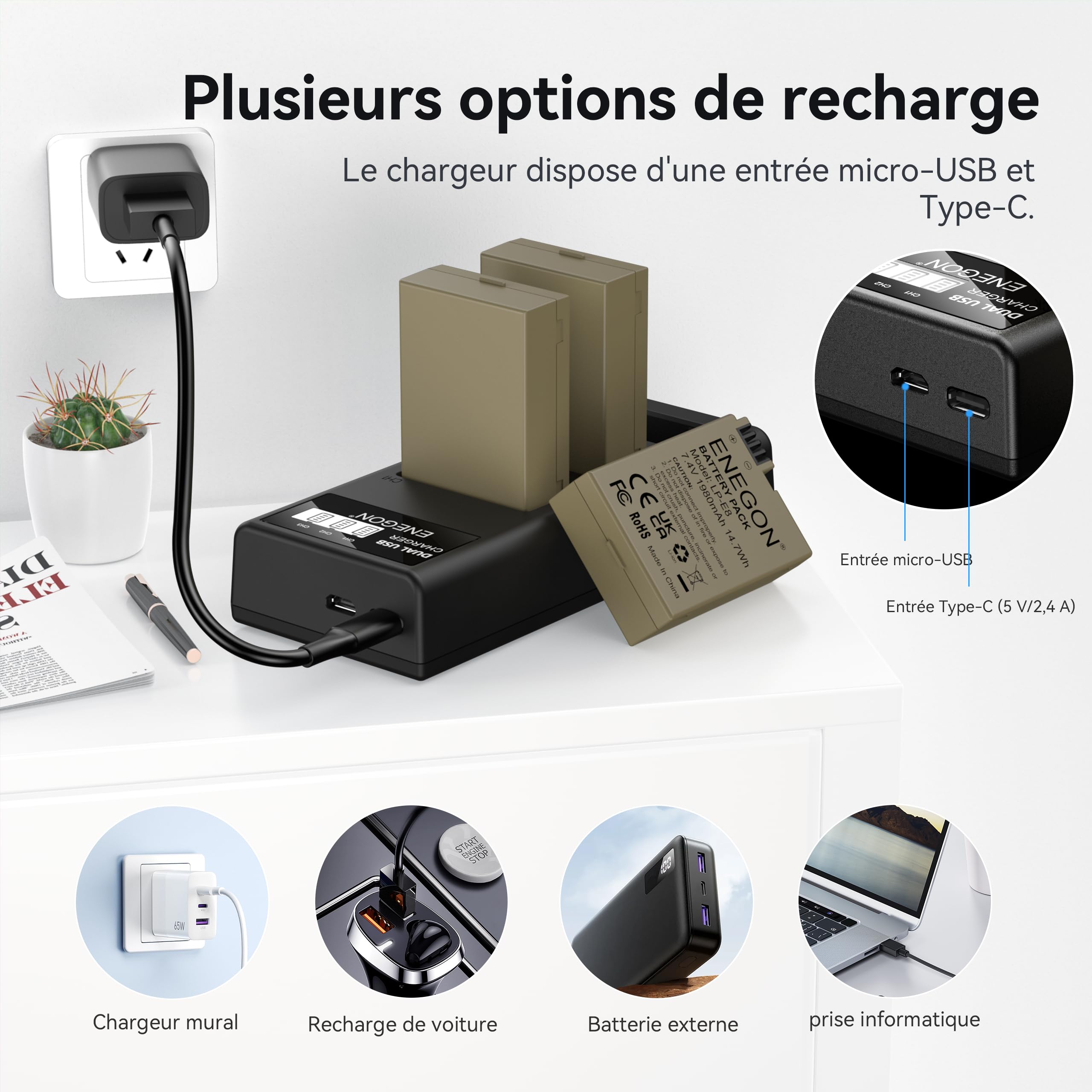 ENEGON Batterie d’Appareil Photo LP-E8 Lot de 3 (1980mAh) avec Chargeur LED à 3 emplacements, Compatible avec Canon EOS Rebel T2i, T3i, T4i, T5i / Kiss X4, X5, X6i, X7i / EOS 550D, 600D, 650D, 700D