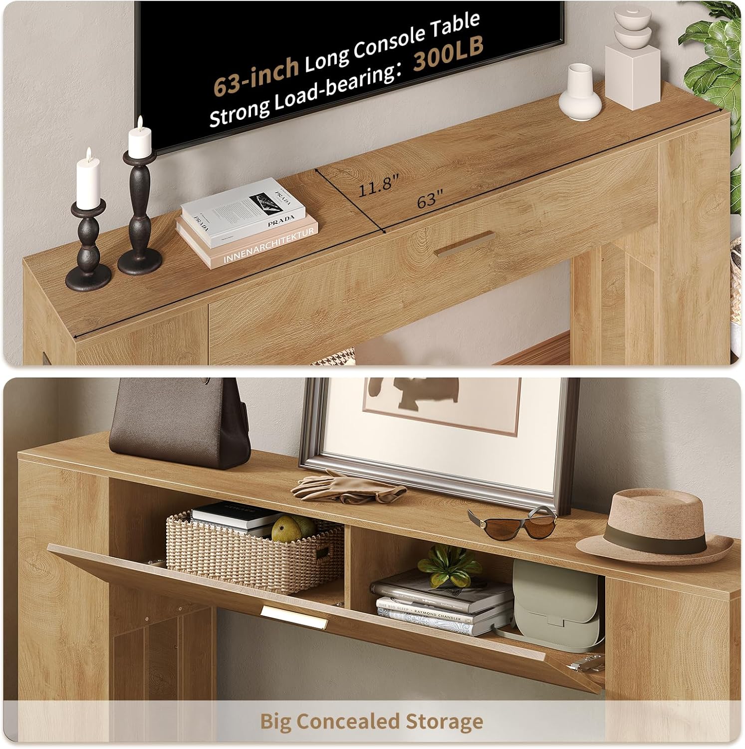 GOLDDAY 63 inch Console Tables with Charging Station and LED Light, Farmhouse Wooden Sofa Table with Drawer, Entryway Table with Wooden Bases, Behind The Couch Table for Hallway, Living Room, Brown