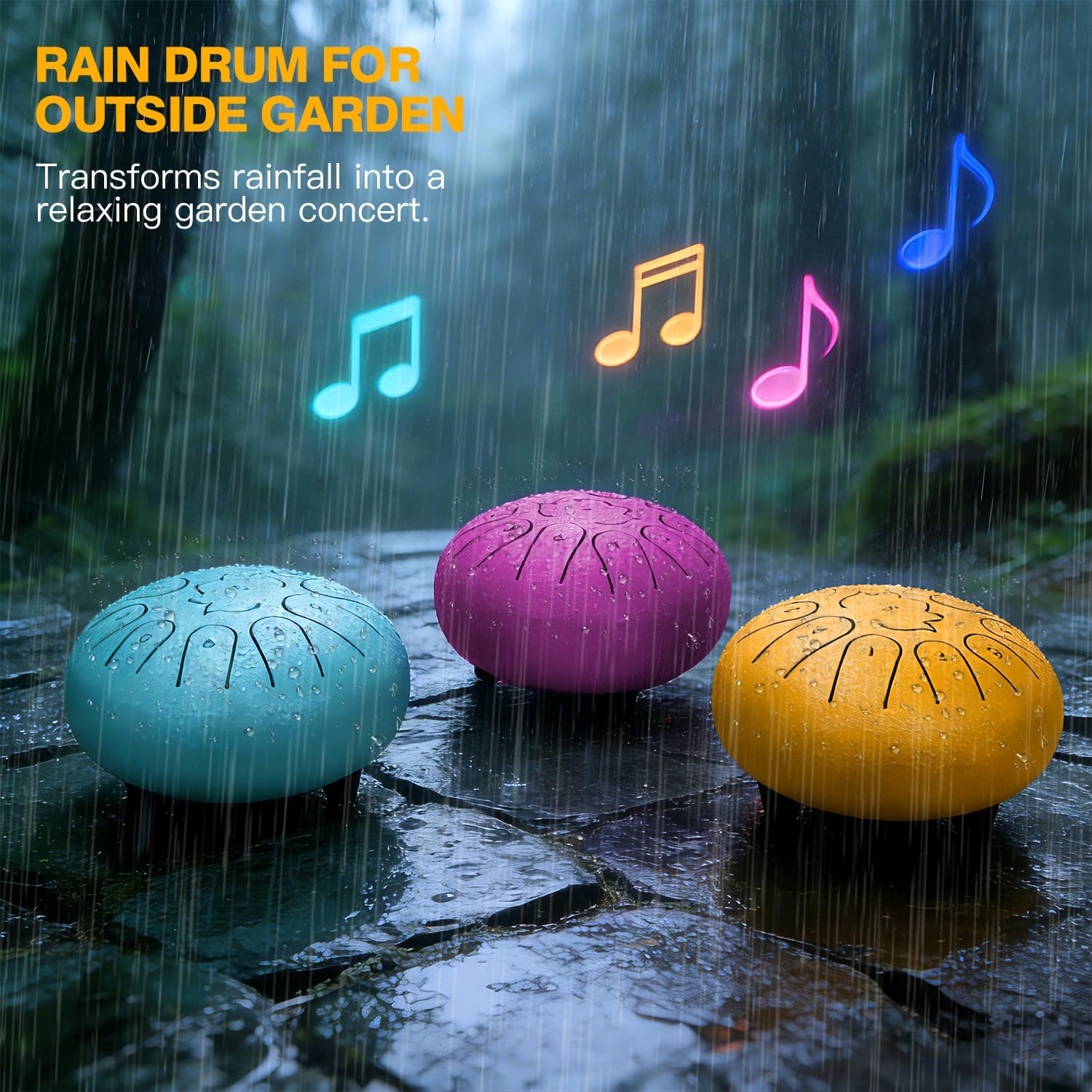 Rain Drum for Outside Garden, 6 Inch 11 Note 440Hz Steel Tongue Drum C Major, Steel Drum for Kids & Adults, Music Education & Meditation Drum for Patio & Backyard, with Mallets, Bag & Book