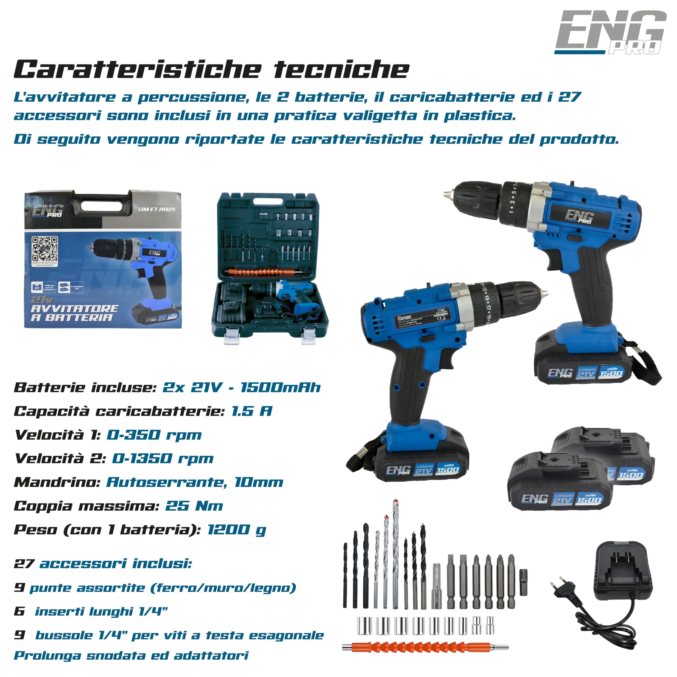 ENG PRO Trapano Avvitatore a Batteria a percussione da 21V in Valigetta 27 Accessori 2 Batterie e 1 Caricatore Velocità 0-1350 RPM Mandrino Autoserrante 10mm - UM ET AB21