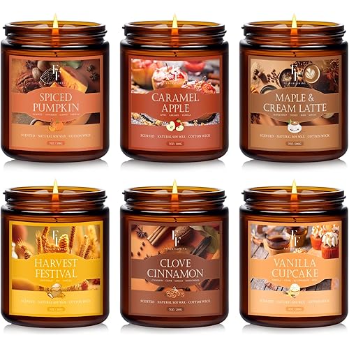 Fall Candles Set, 6 Pack Candles for Home Scented Natural Soy Wax, Autumn Gifts Set for Women Men, Fall Fragrance of Pumpkin/Cinnamon/Vanilla Cupcake/Apple/Harvest/Latte