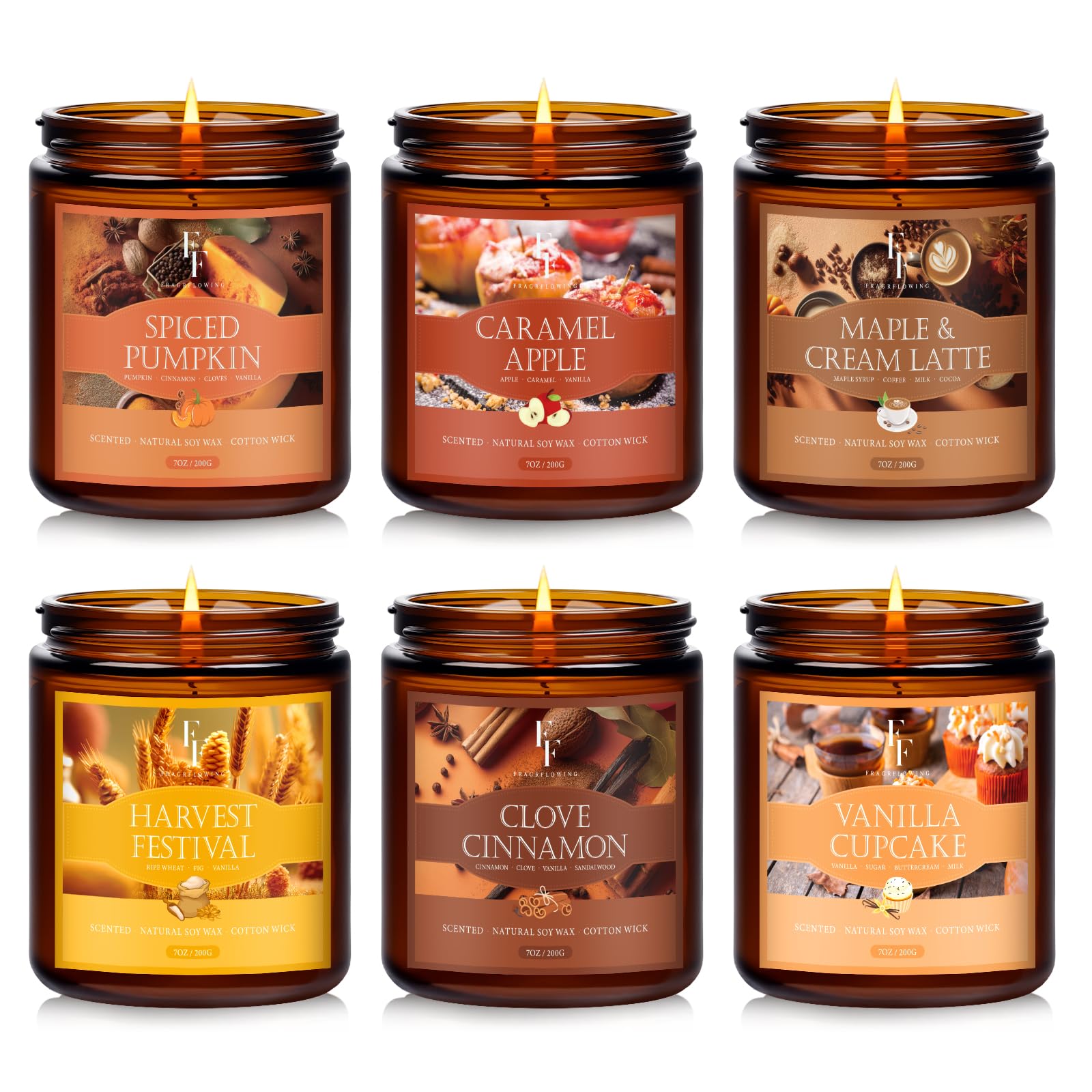 Fall Candles Set, 6 Pack Candles for Home Scented Natural Soy Wax, Autumn Gifts Set for Women Men, Fall Fragrance of Pumpkin/Cinnamon/Vanilla Cupcake/Apple/Harvest/Latte