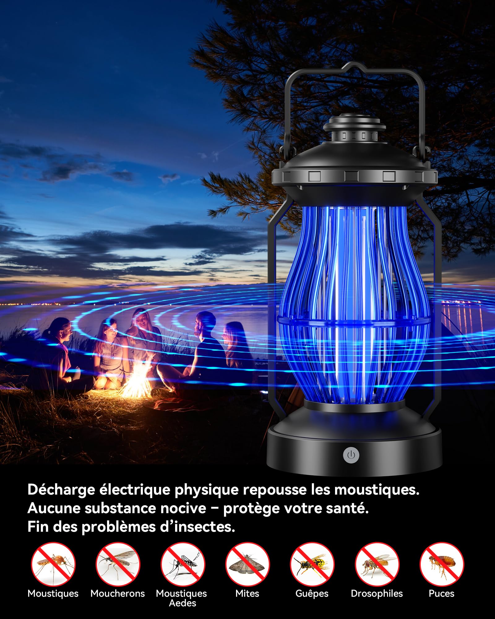 Insektenvernichter Elektrisch,1300V UV Mückenlampe & LED-Campinglaterne, 15W Mückenfalle Innen & Außen, Wasserdicht IPX4 Fliegenfalle gegen Mücken, Fliegen, Motten, 360° Wirkungsbereich