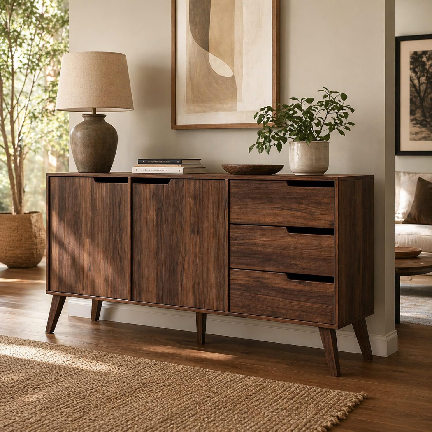 Credenza Con 2 Ante E 3 Cassetti Mobile Madia Contenitore In Melaminico Design Scandinavo Moderno Per Soggiorno Salotto E Zona Living 160 X 40 X 80 Cm Noce