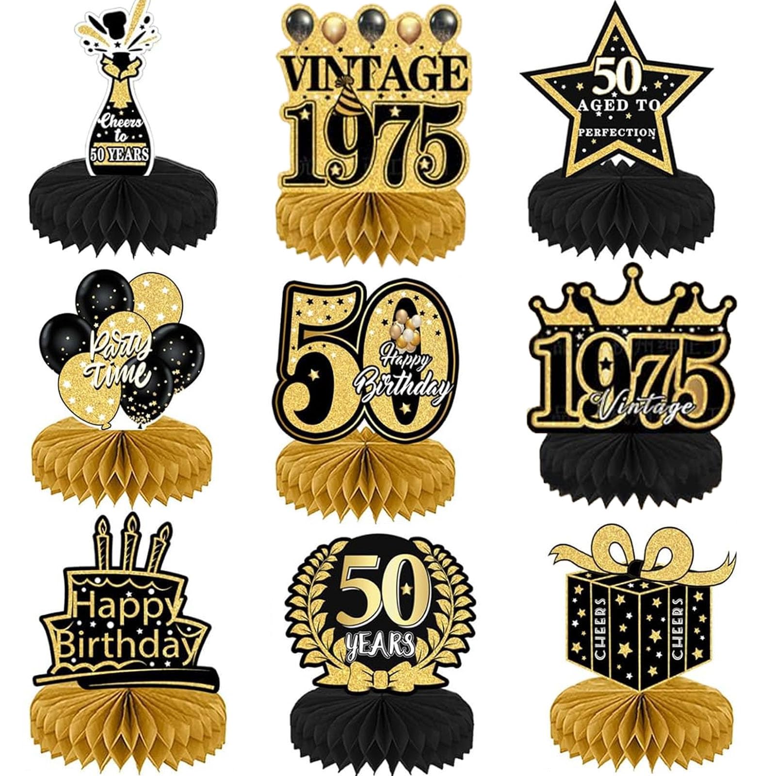 DPKOW 9 Stuks 50e Verjaardag 50e Verjaardag Decoratie Honingraat Patroon Tafel Decoratie voor Mannen en Vrouwen, Veertig Jaar, Verjaardag Party DEC