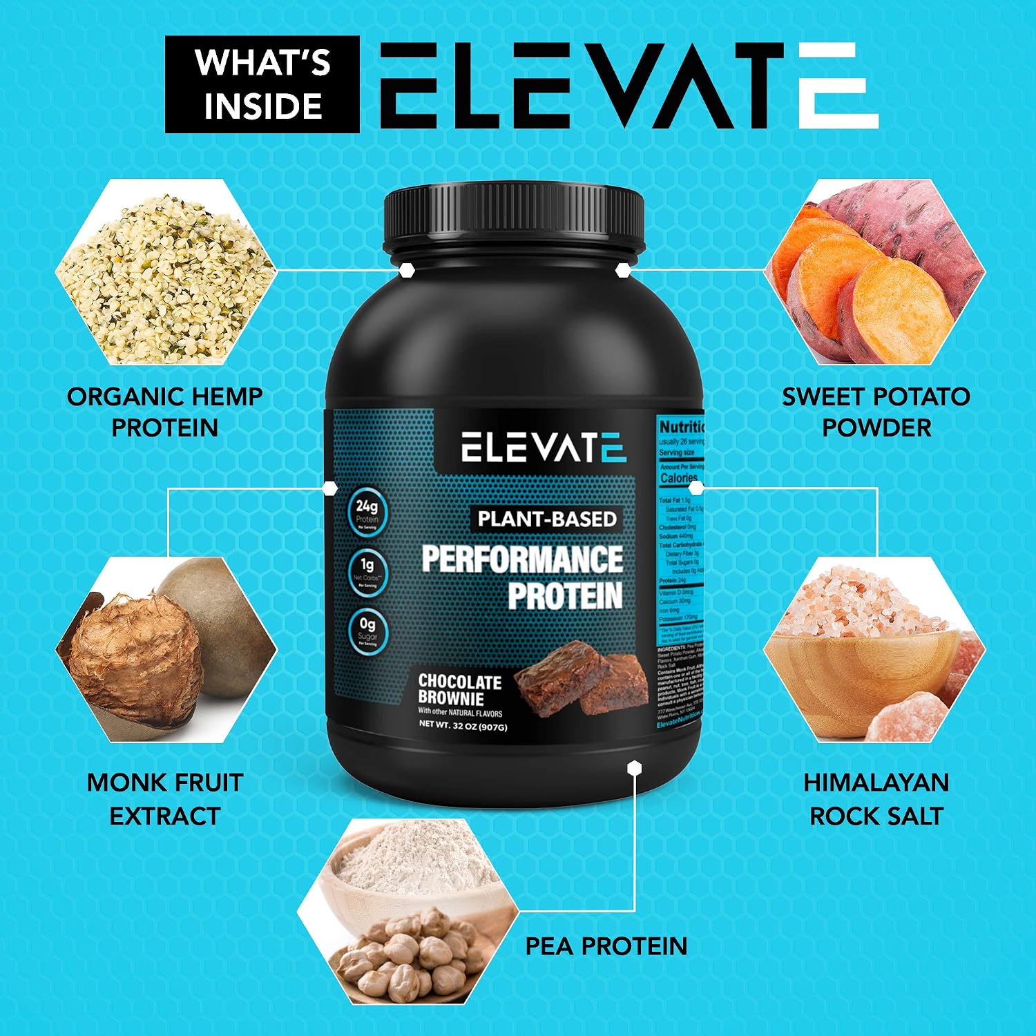 Elevate Plant Based Vegan Protein Powder with High BCAAs and Glutamine, Low Carb Protein Powder Chocolate Brownie, Non GMO, NO Sugar, Dairy and Soy Free (26 Servings) Nutrition