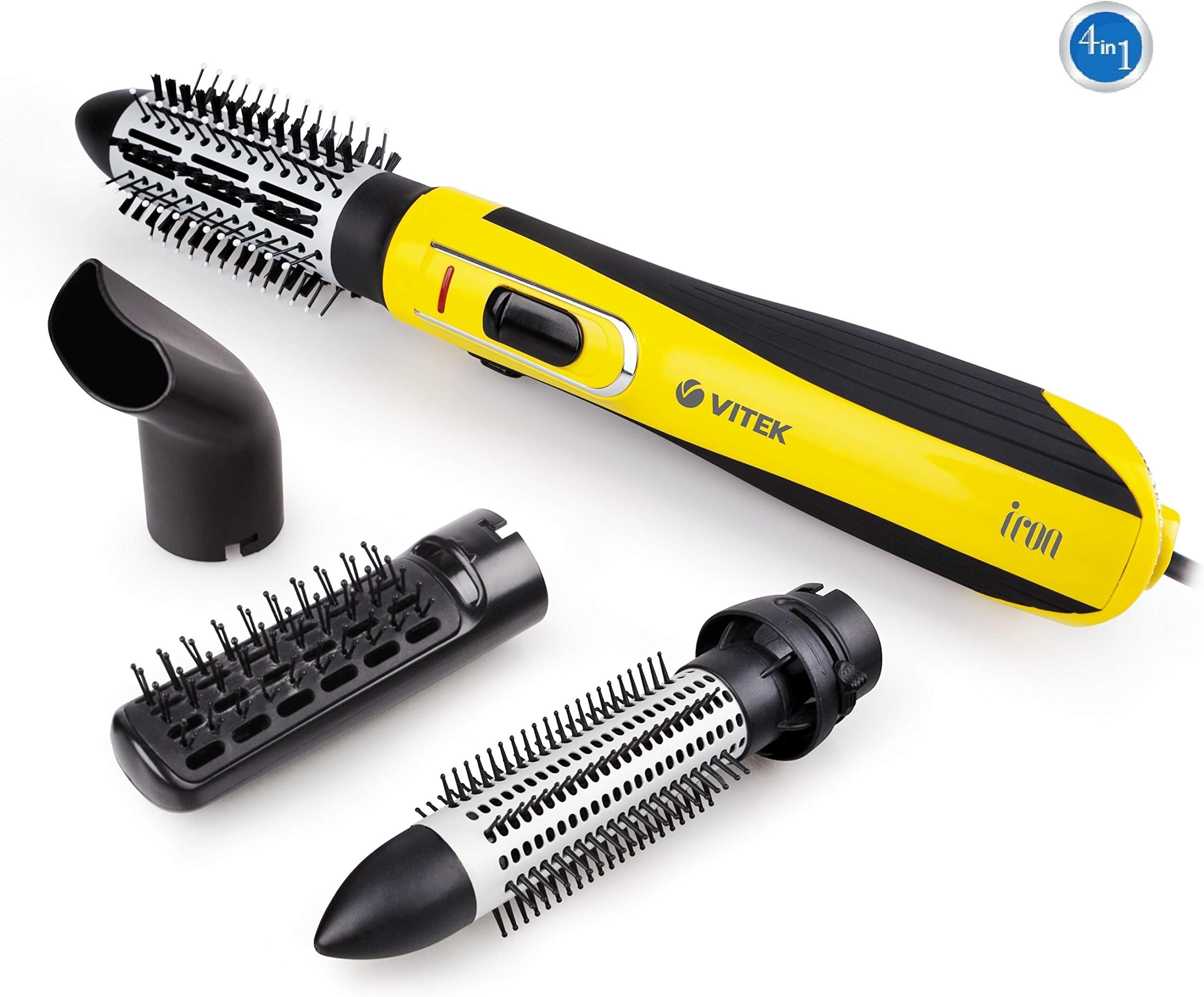 VITEK VT-2509 Y-I Hot Air Brush For Hair curler, Hair Dryer, Hair styling with Aqua Ceramic Coating & Four Attachment (Nozzle, Flat Brush,Thermobrush, Pullout Bristles) Yellow & Black