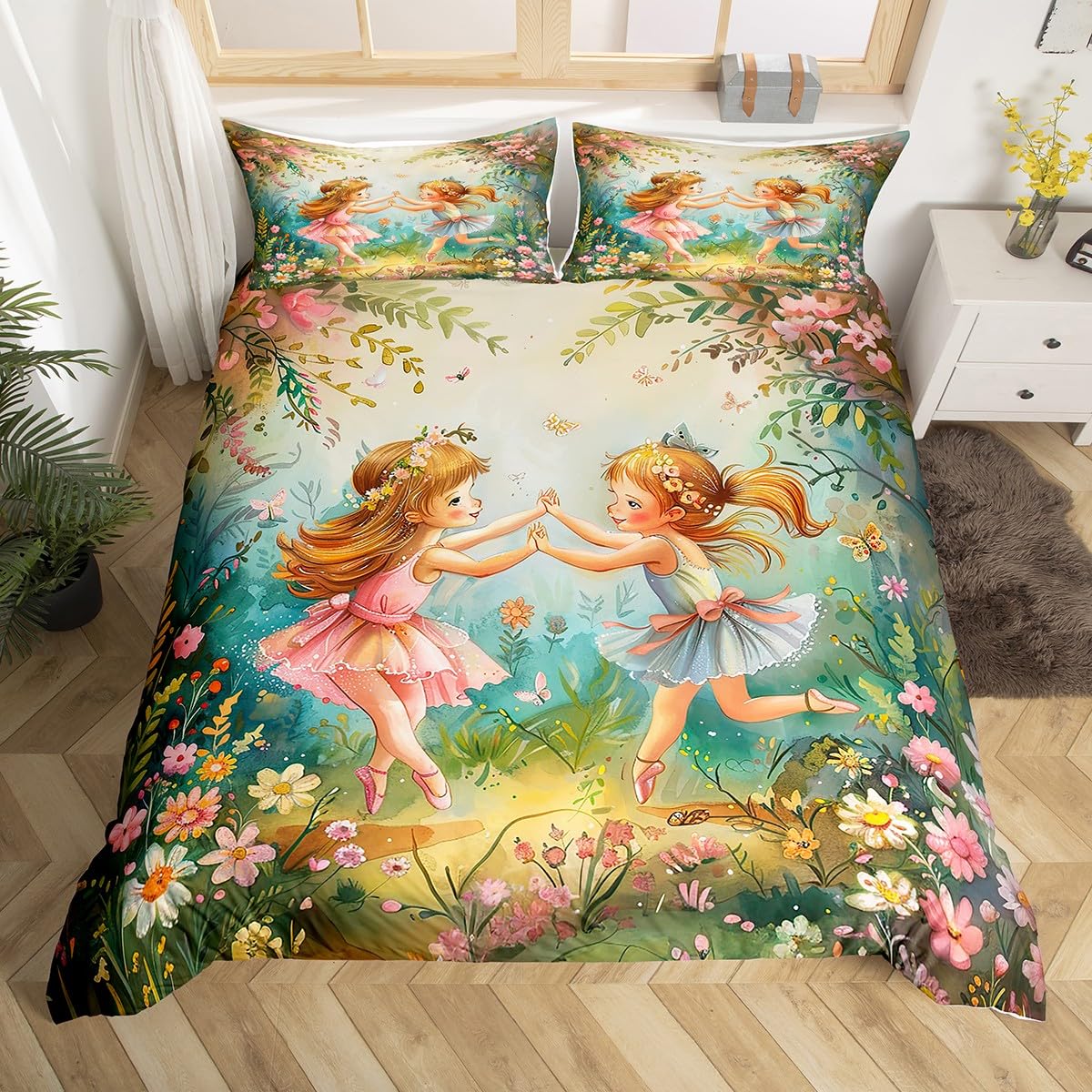Loussiesd Kinder Ballett Bettwäsche Set 135x200cm - Kleine Ballerina Tänzer Floral für Jungen Mädchen - Fee Prinzessin Thema Betten Set - Zimmer Dekor Bettbezug