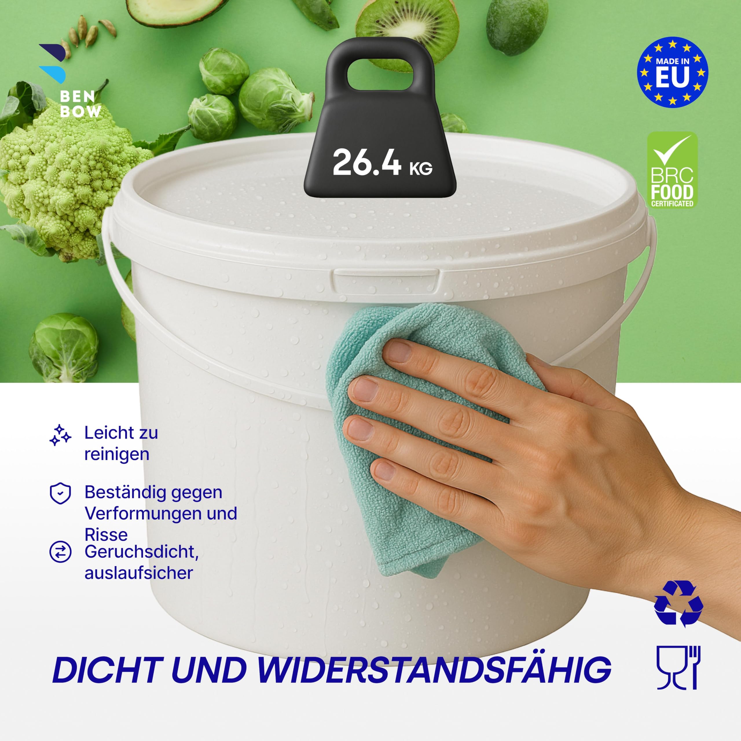 BenBow Eimer mit Deckel 10l weiß 5X 10l - lebensmittelecht, stabil, luftdicht, auslaufsicher, geruchsneutral - Aufbewahrungsbehälter aus Kunststoff, mit Henkel - lee