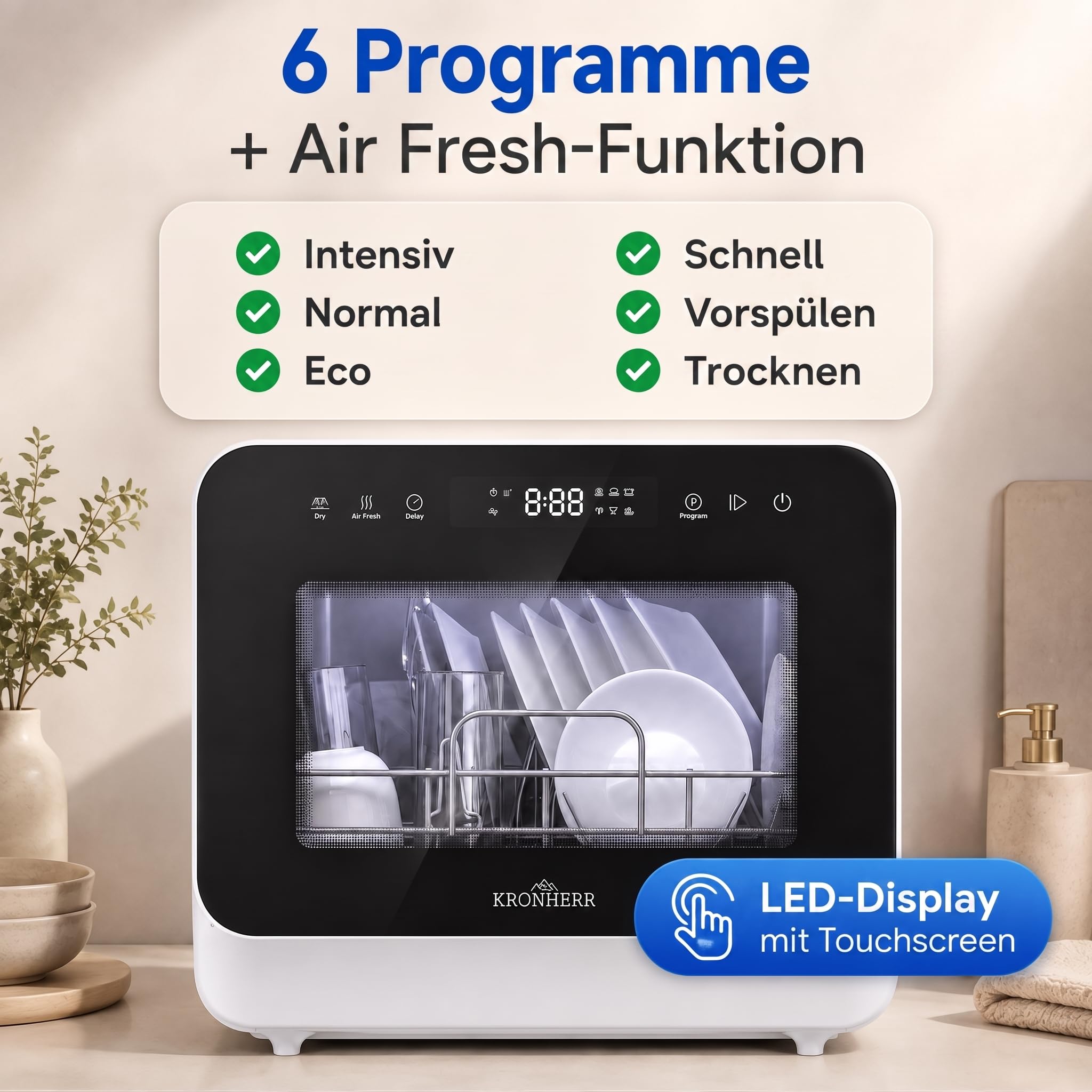 TurboTop Compacta Mini‑Tischgeschirrspüler 5L mit Tank, Weiß mit schwarzer Glasfront – Touch‑Display, 6 Programme (inkl. Trocknen) + Air‑Fresh, Startzeitvorwahl, Sichtfenster, Geschirrkorb