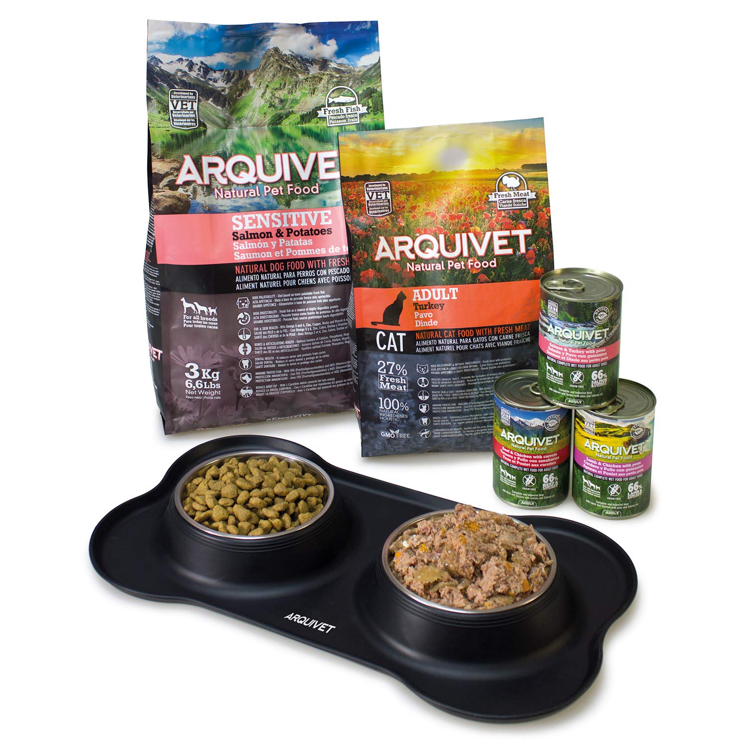 ARQUIVET Doppelter Futternapf und Trinknapf für Hunde und Katzen - Edelstahlschüssel - rutschfeste und kippsichere Silikonbasis - Zubehör für Haustiere - 2 x 400 ml
