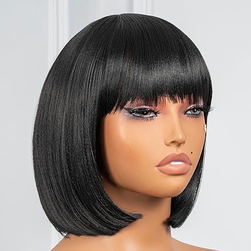 Miniatura 4 de ToyoTress Pelucas de cabello lacio Yaki de 10 pulgadas de color marrón claro con flequillo, peluca de cabello sintético suave y corto de repuesto